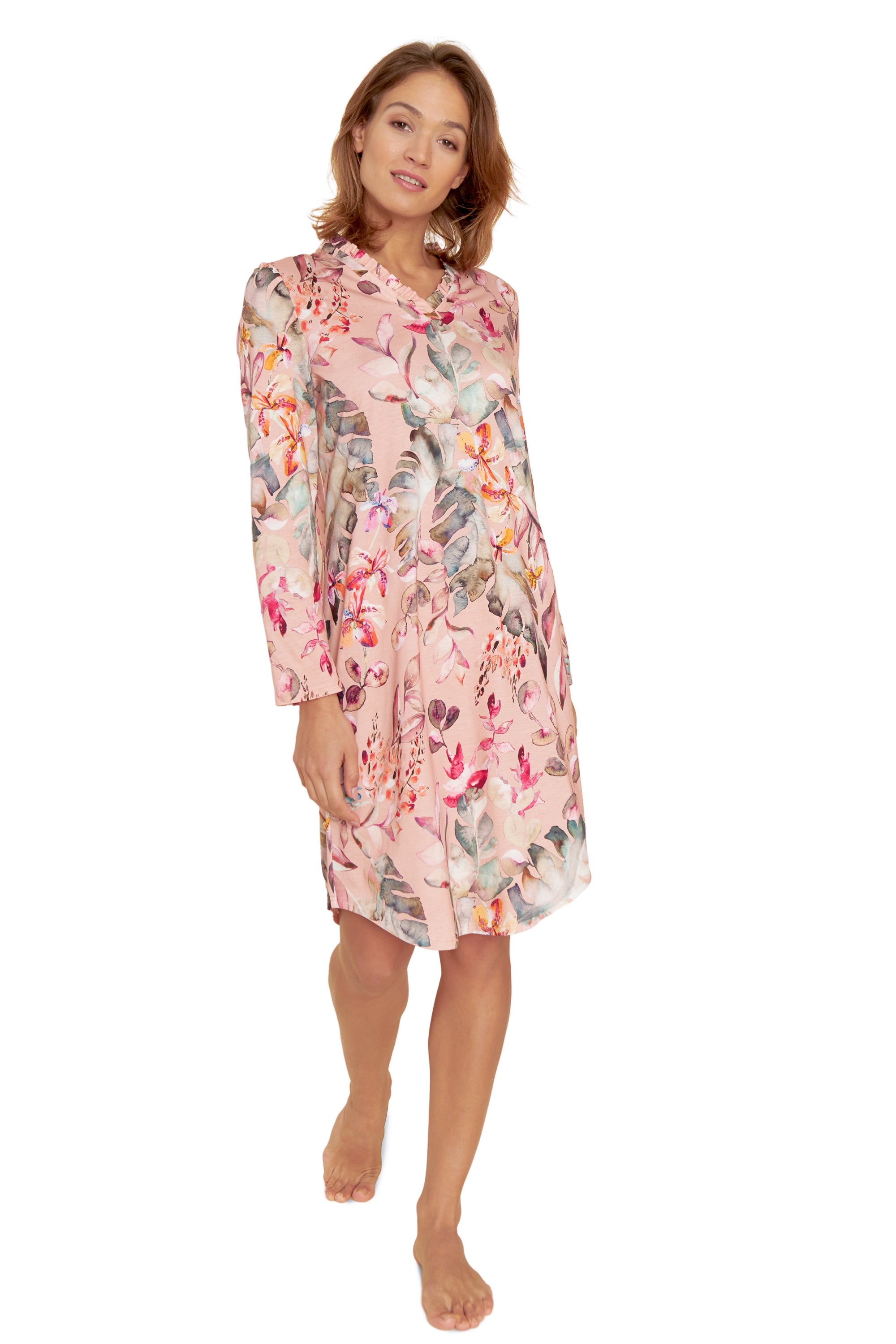 Rosch Night Dress, 1/1 Sleeve, V-Neck Flowers And Leave (1223615) Modern Leaves