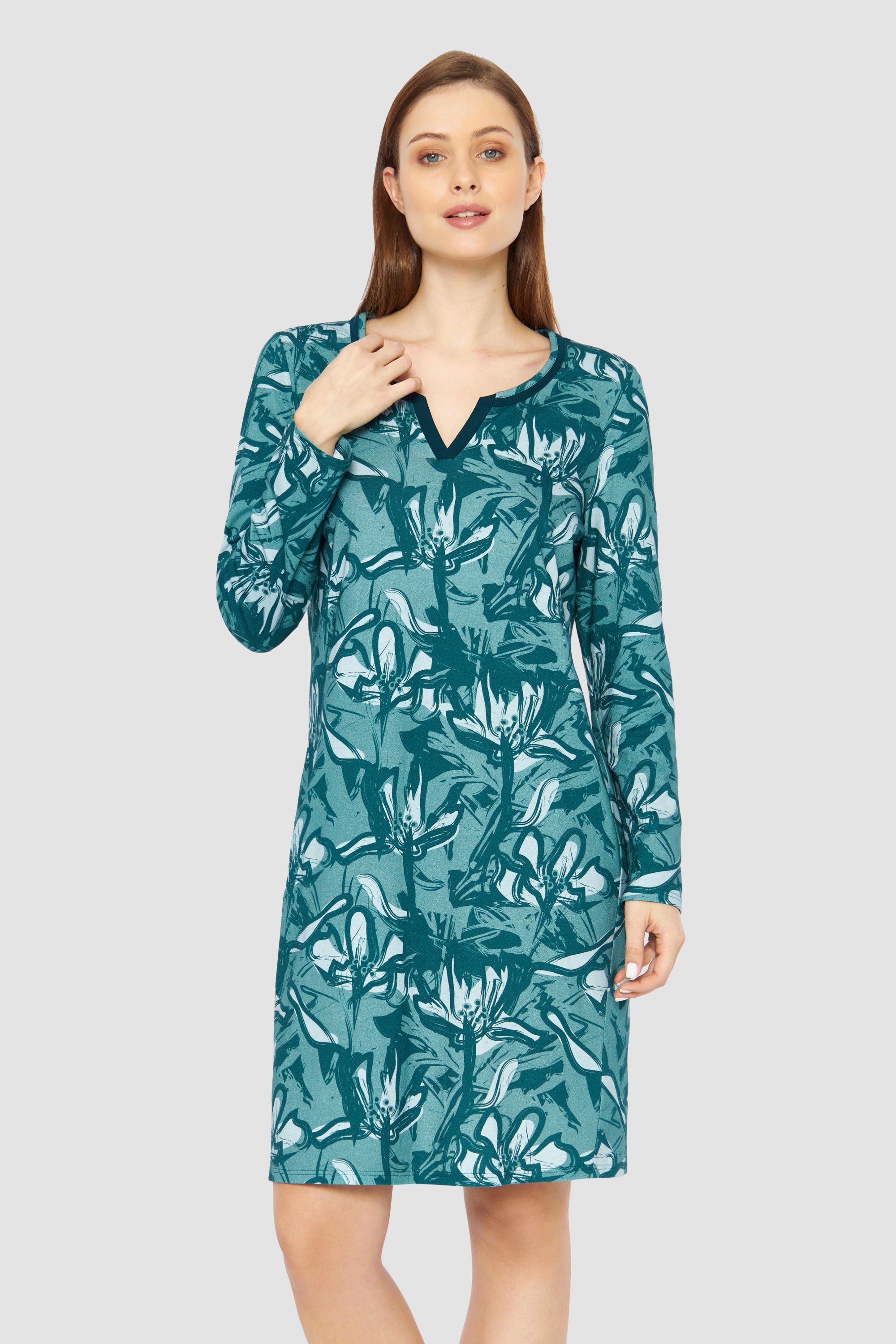Rosch Night Dress, 1/1 Sleeve, Round Neck Fancy Green (1233561) Petrol Flowers