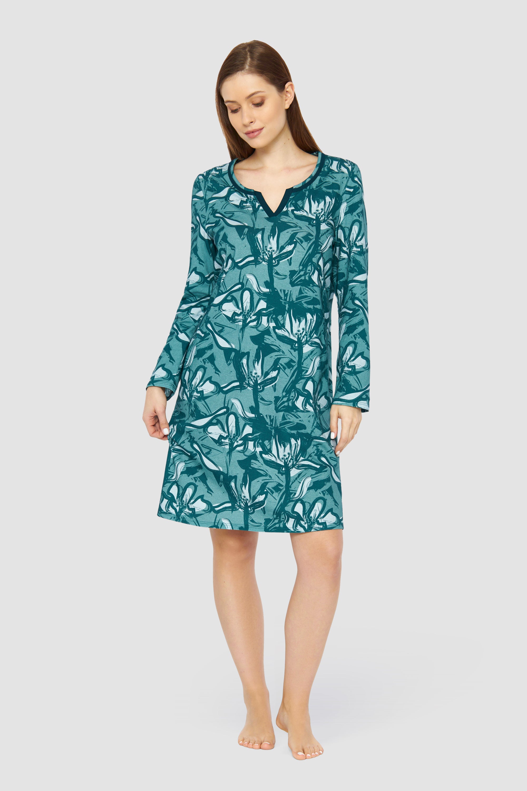 Rosch Night Dress, 1/1 Sleeve, Round Neck Fancy Green (1233561) Petrol Flowers