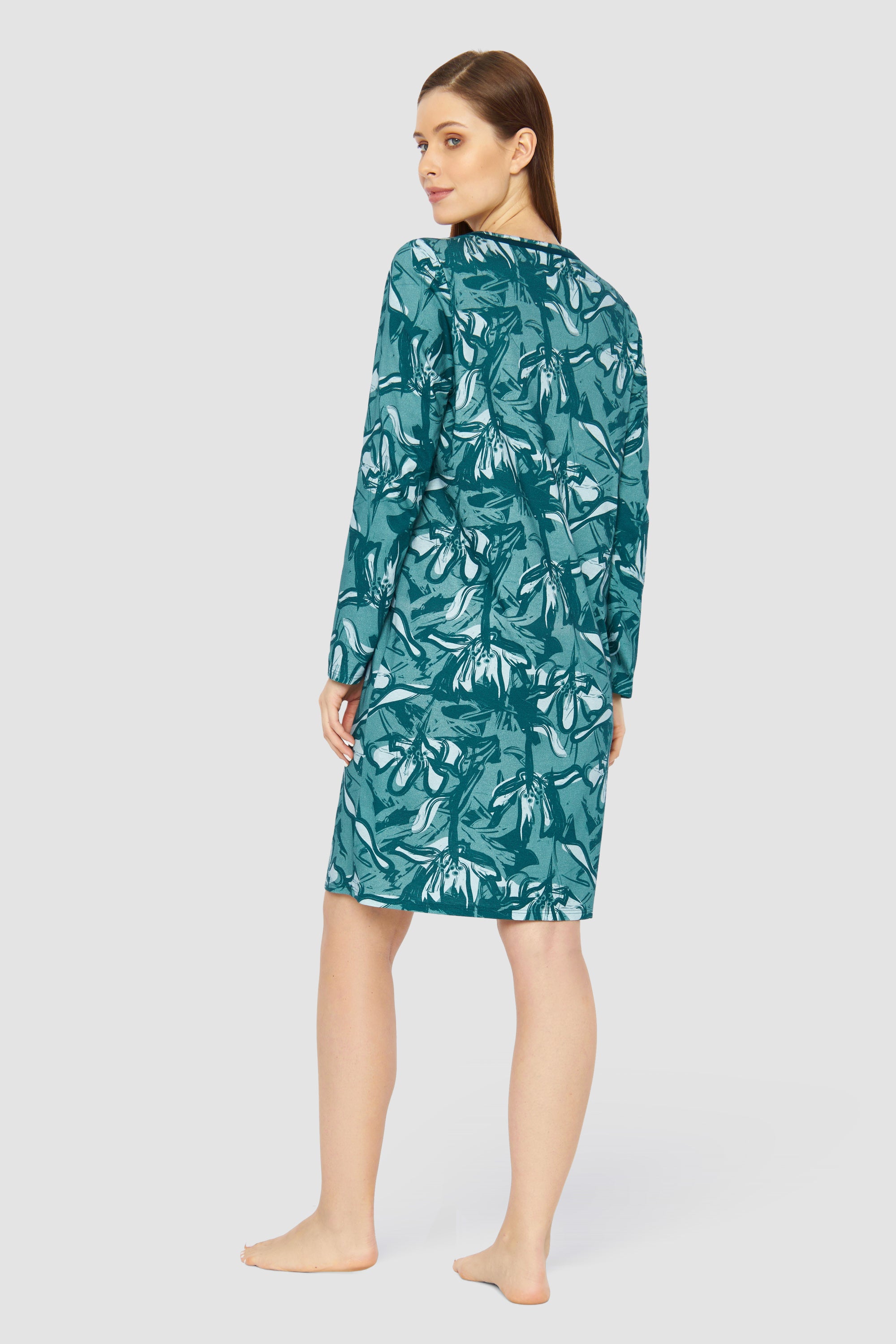 Rosch Night Dress, 1/1 Sleeve, Round Neck Fancy Green (1233561) Petrol Flowers