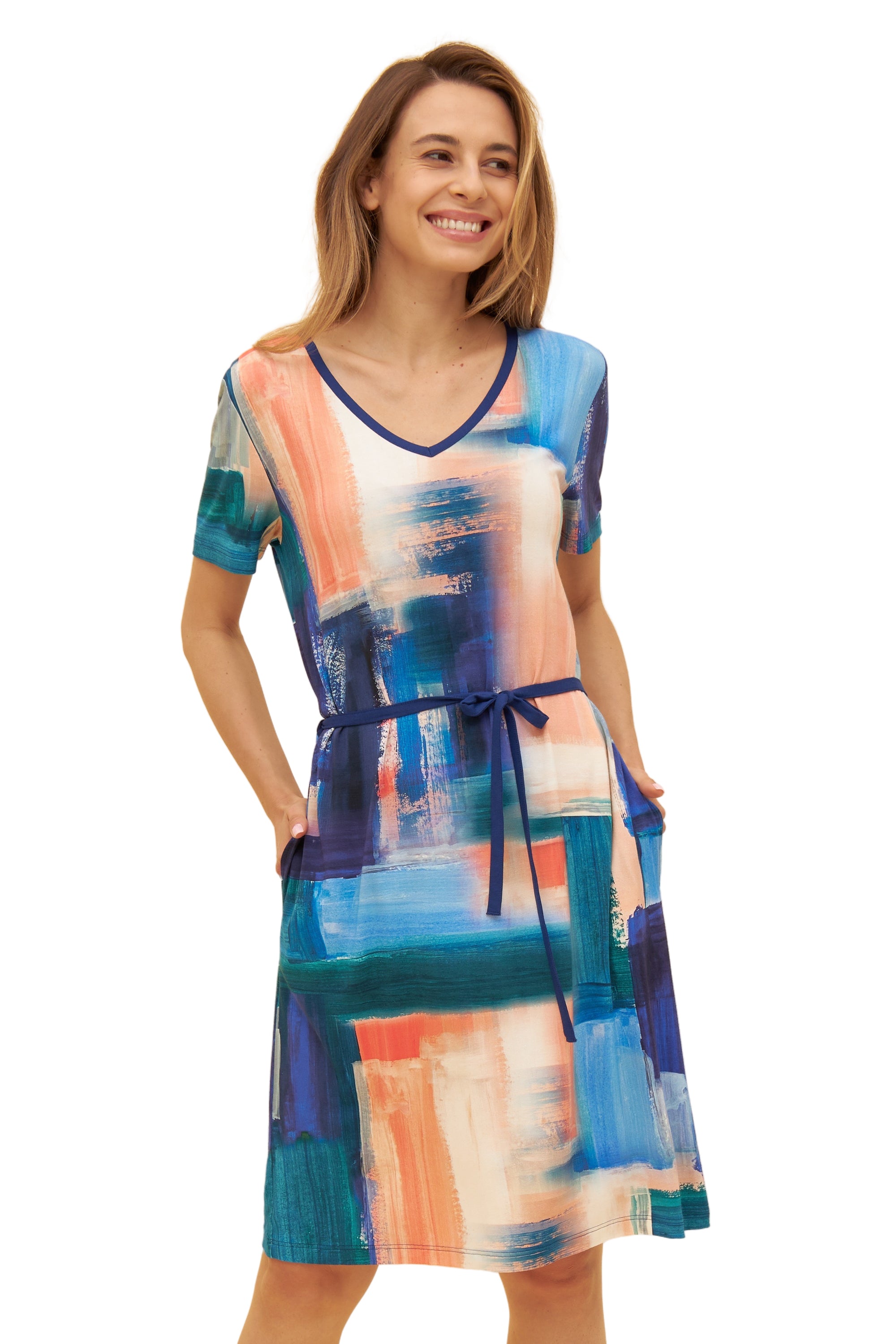 Rosch Beach Dress, 1/2 Sleeve, Pockets, V-Neck Royal P (1235603) Blue Watercolor