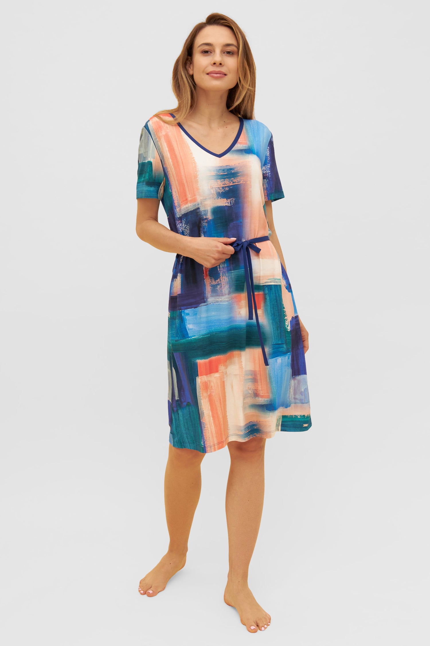 Rosch Beach Dress, 1/2 Sleeve, Pockets, V-Neck Royal P (1235603) Blue Watercolor