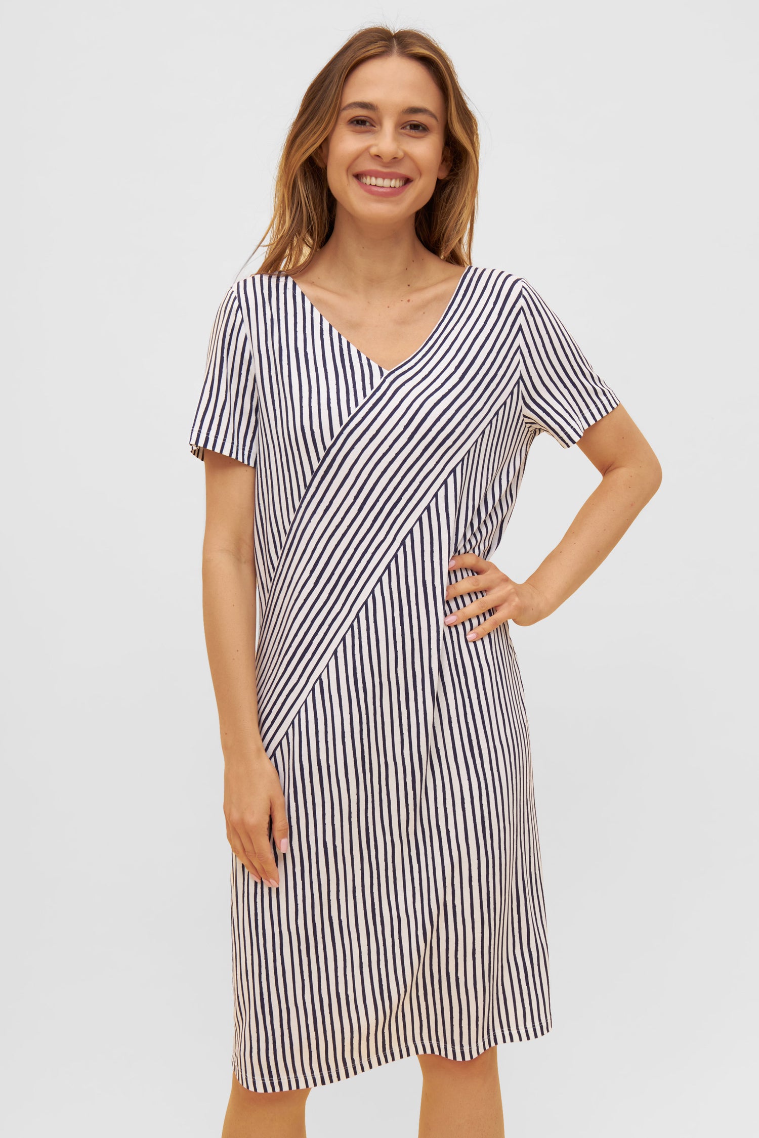Rosch Beach Dress, 1/2 Sleeve, V-Neck, Stripes (1235605) Navy Stripe