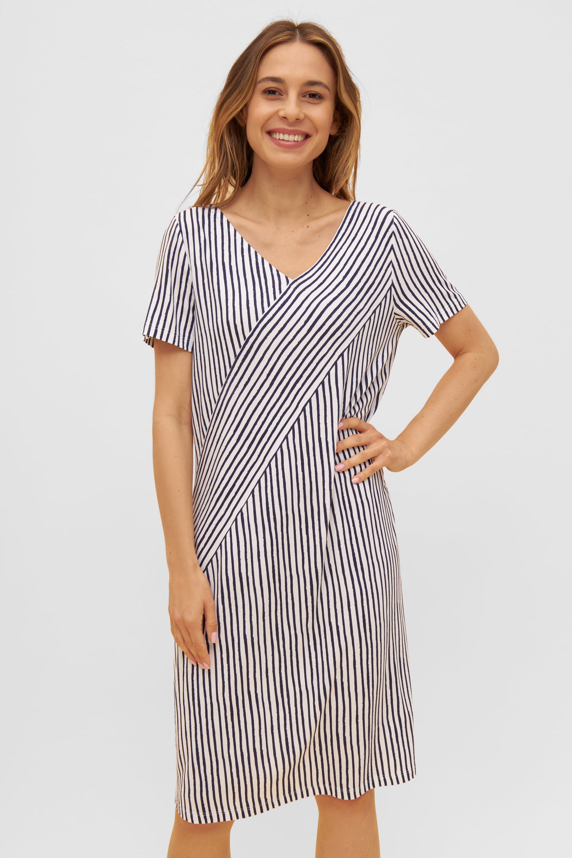 Rosch Beach Dress, 1/2 Sleeve, V-Neck, Stripes (1235605) Navy Stripe