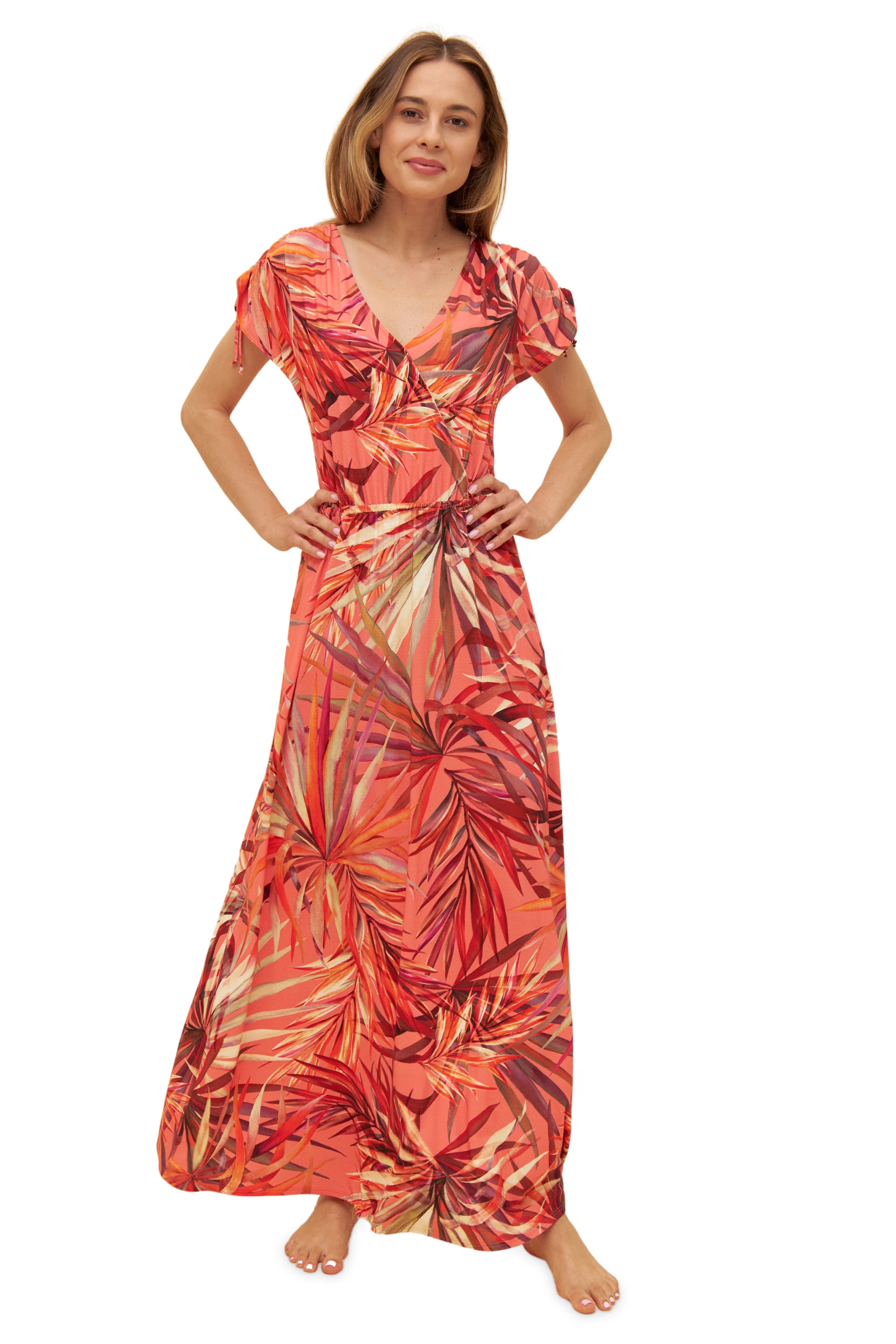 Rosch Beach Dress, 1/2 Sleeve, V-Neck Tropical Leaves (1235644) Multicolor Leaves