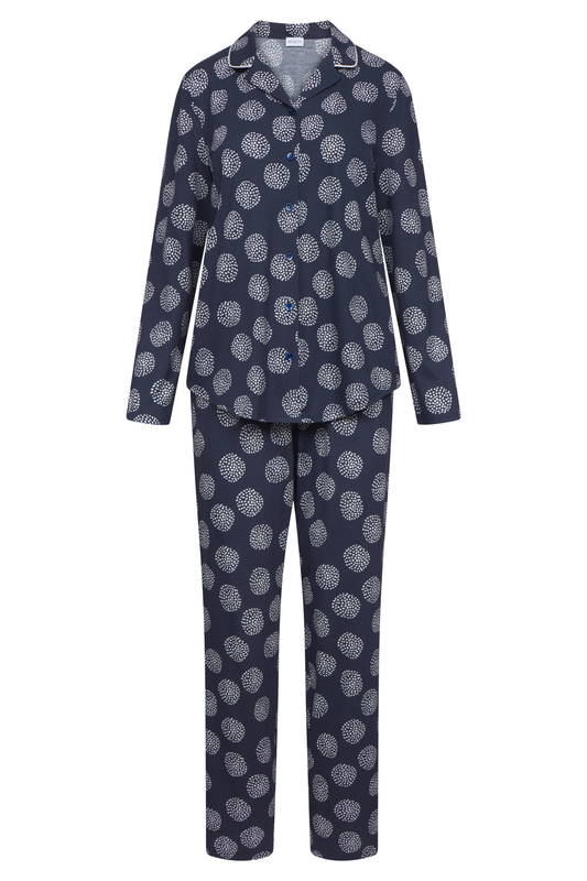 Rösch Pyjamas front view in Navy Dots