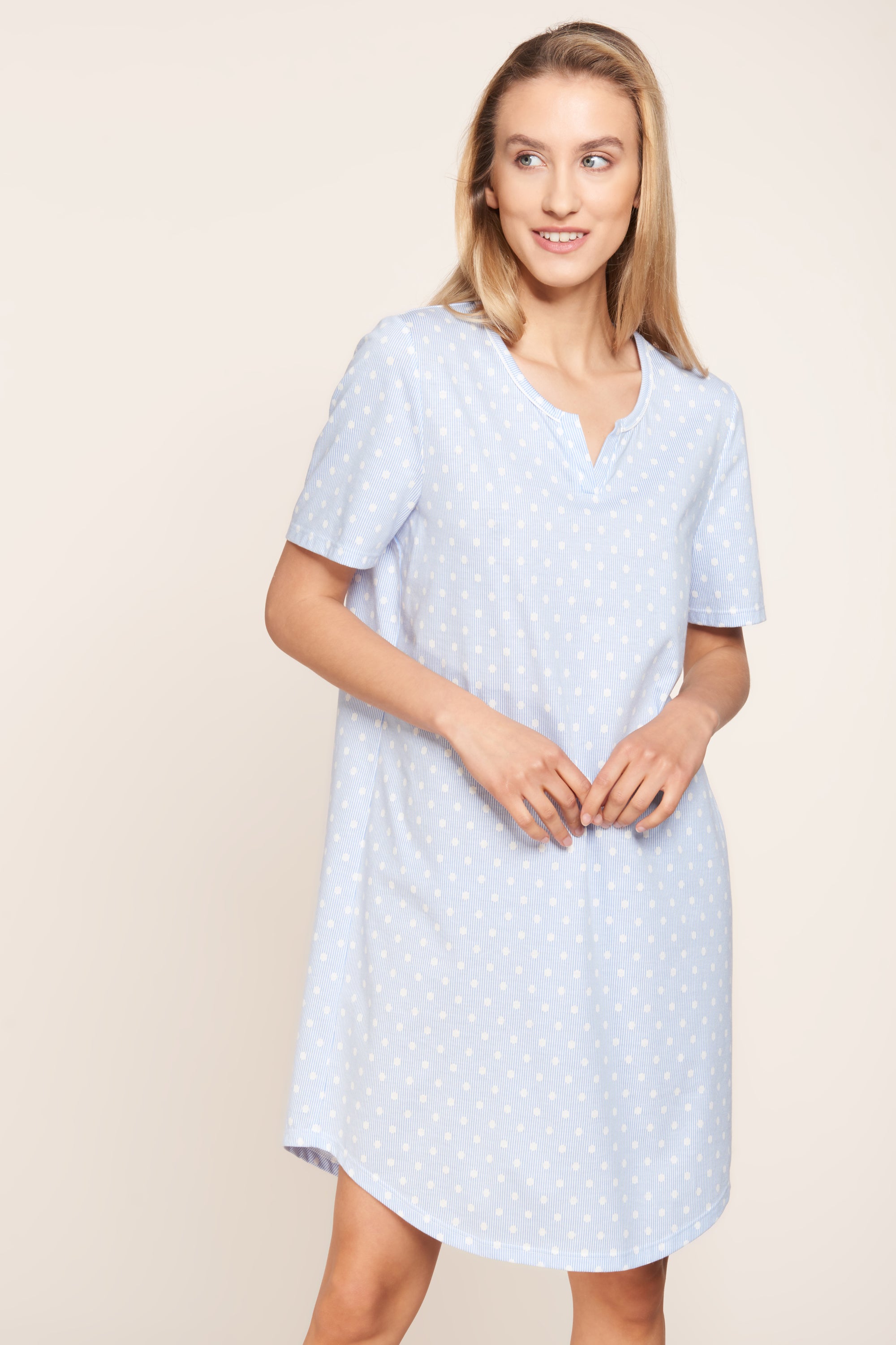 Rosch Night Dress, 1/2 Sleeve, Round Neck Tupfenstreife (1884145) Skyblue