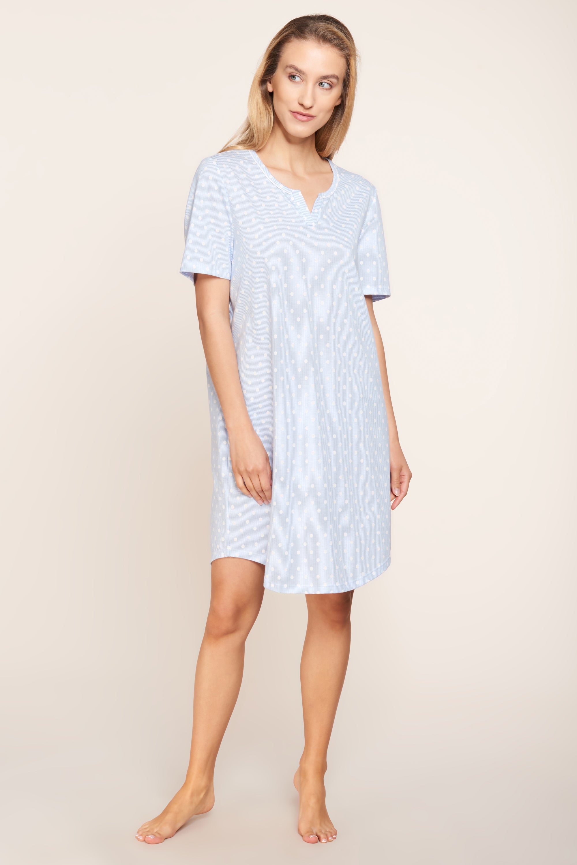 Rosch Night Dress, 1/2 Sleeve, Round Neck Tupfenstreife (1884145) Skyblue