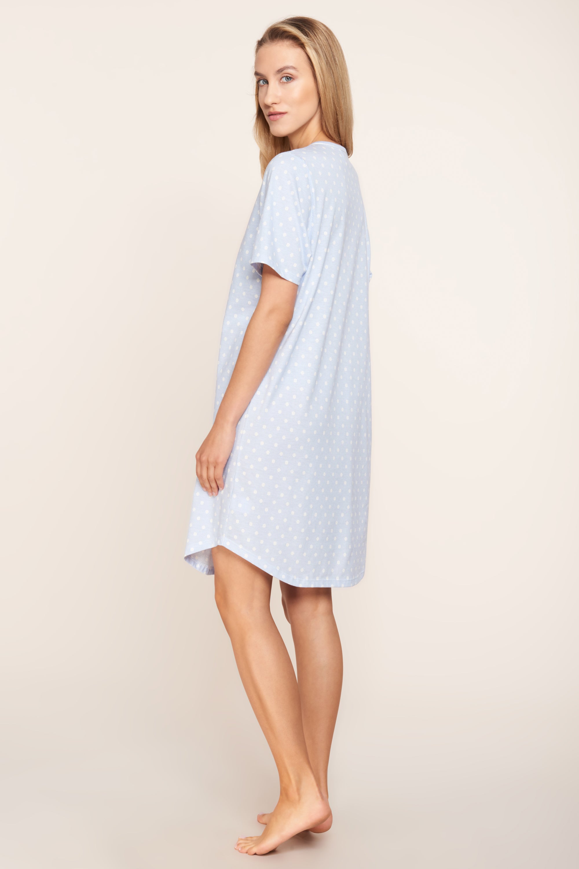 Rosch Night Dress, 1/2 Sleeve, Round Neck Tupfenstreife (1884145) Skyblue