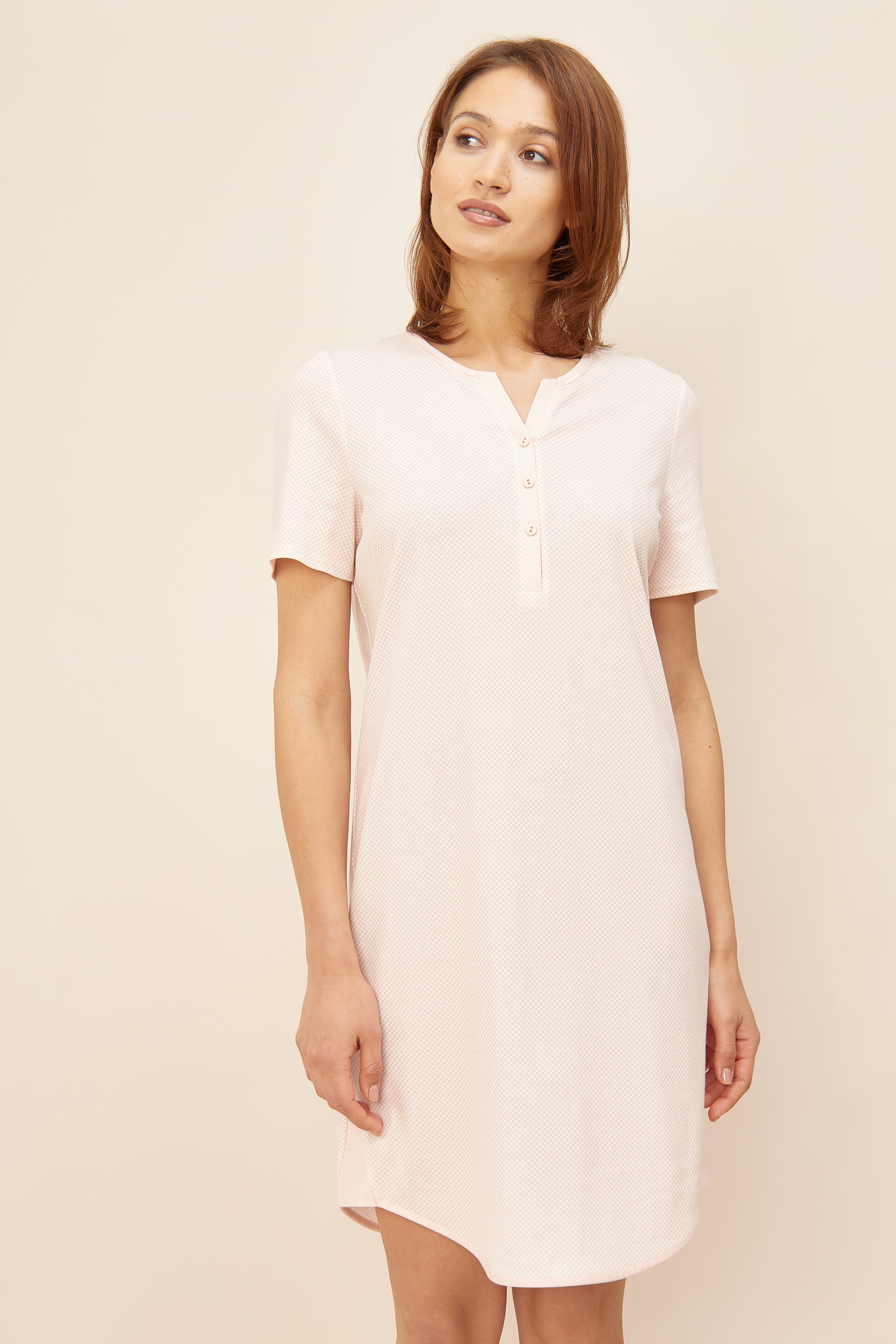 Rosch Night Dress, 1/2 Sleeve, Button Panel, Roundneck (1884193) Peach
