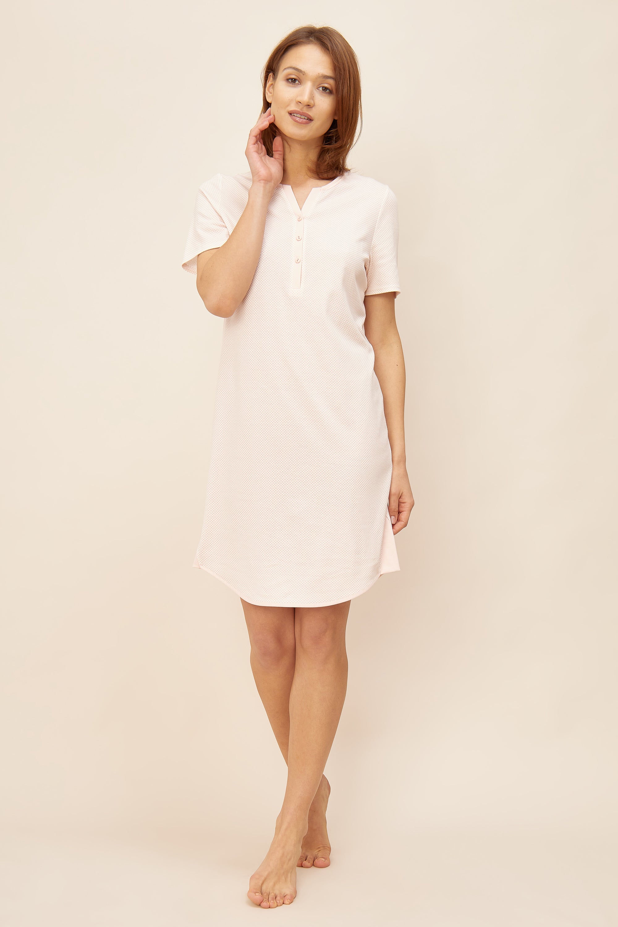 Rosch Night Dress, 1/2 Sleeve, Button Panel, Roundneck (1884193) Peach