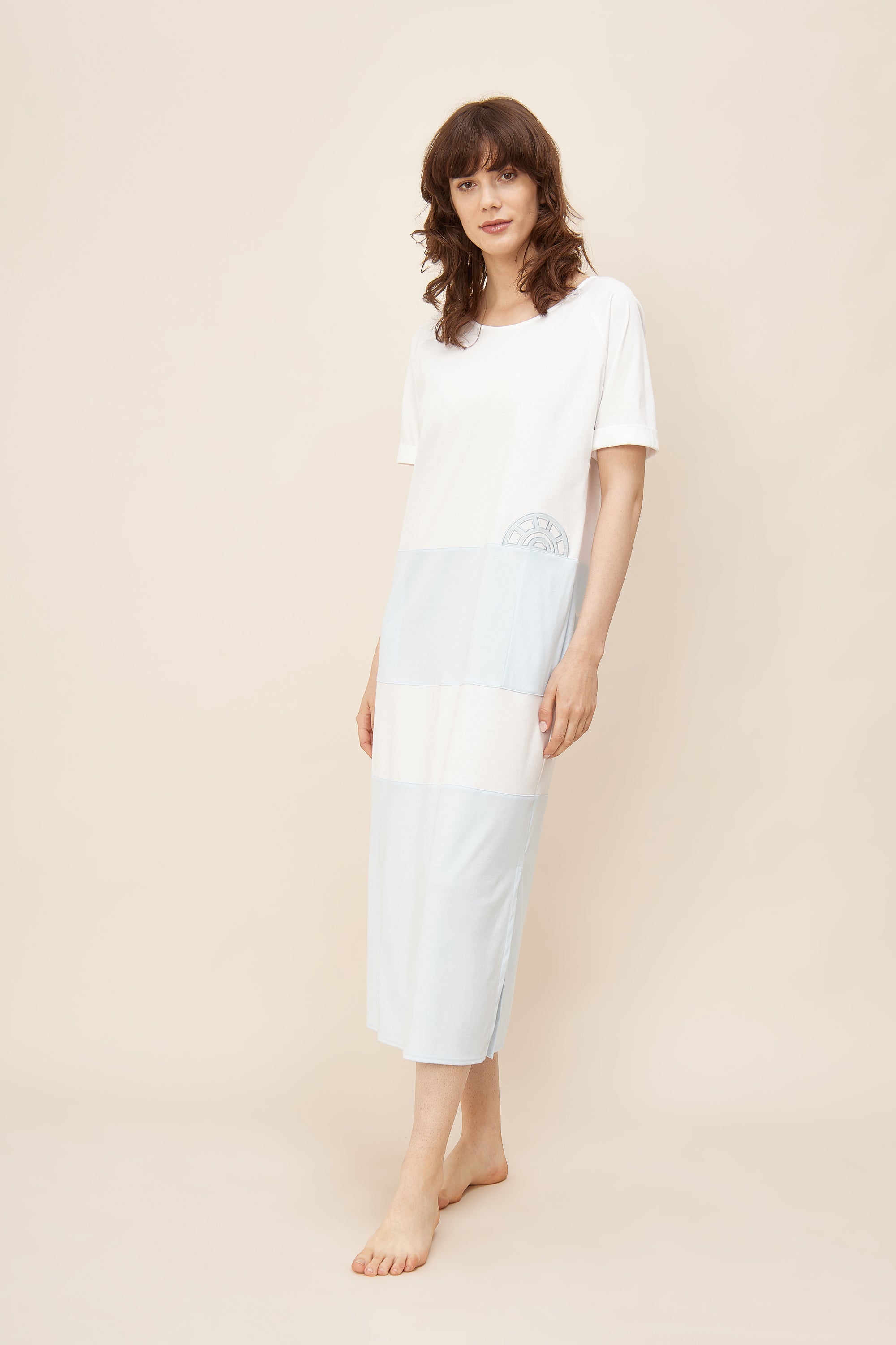 Feraud Night Dress, 1/2 Sleeve Raglan, Round Neck, Pocke (3221063) White-Blue