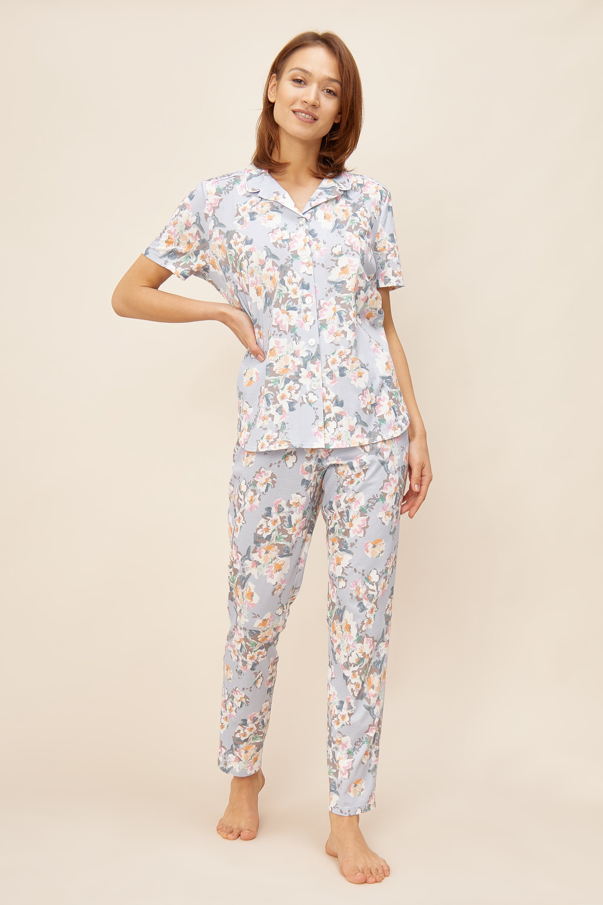 Feraud Pajama, 1/2 Sleeve, Pants 1/1, Lapel Collar, (3221077) Flower Stripe