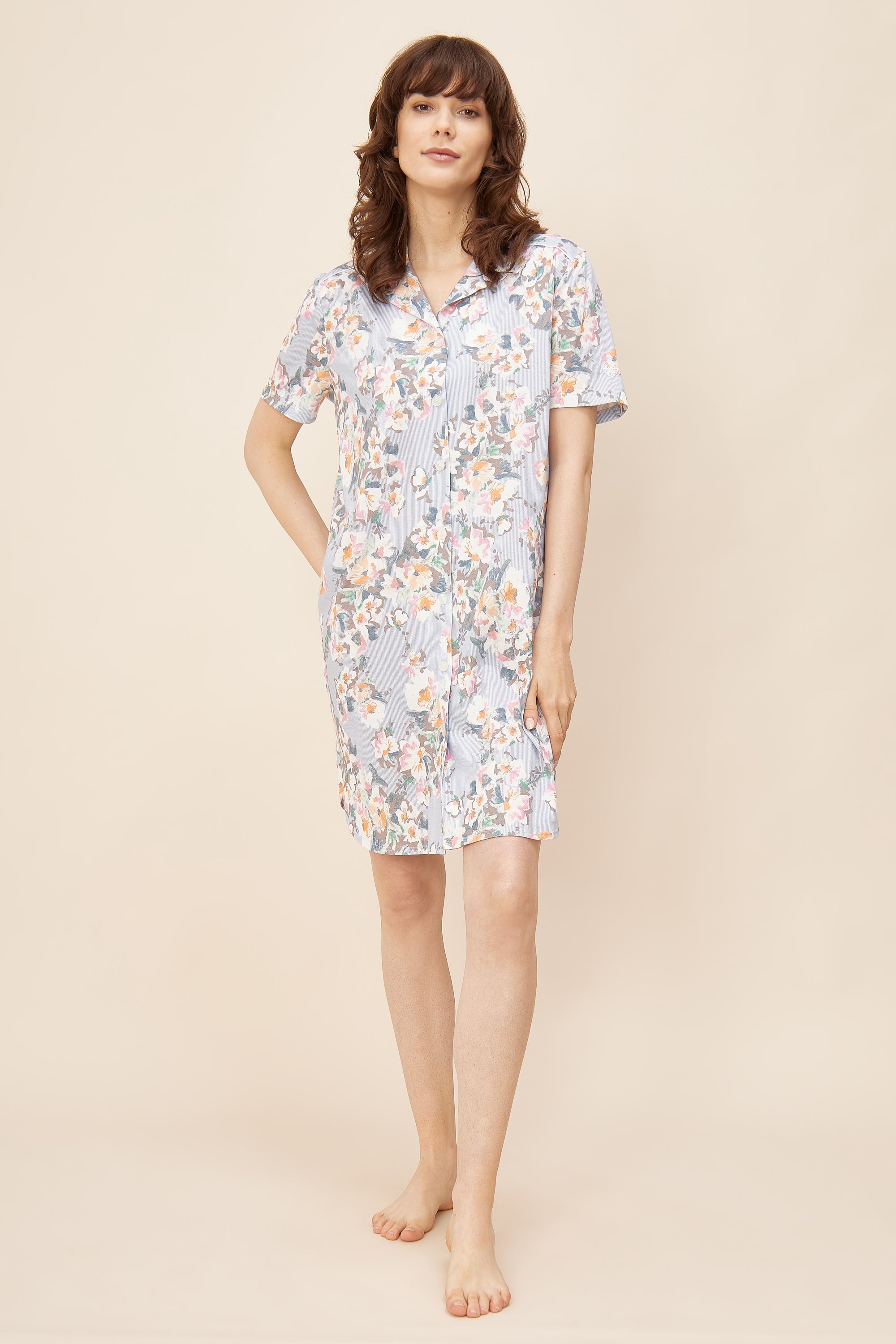 Feraud Night Dress, 1/2 Sleeve, Lapel Collar, Button-Thr (3221078) Flower Stripe