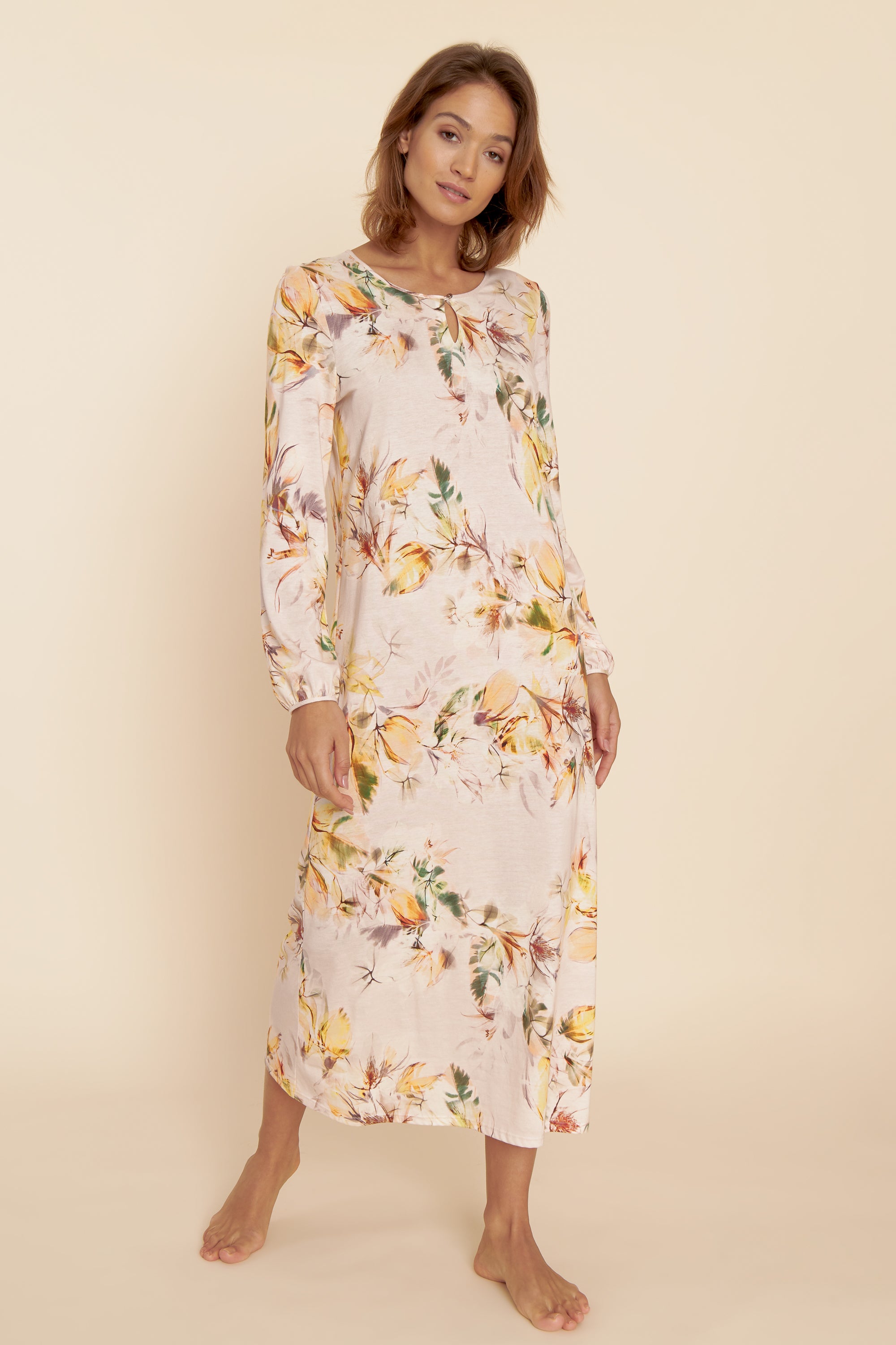 Feraud Night Dress, 1/1 Sleeve, Round Neck Flower Lines (3221102) Multicolor Flowers