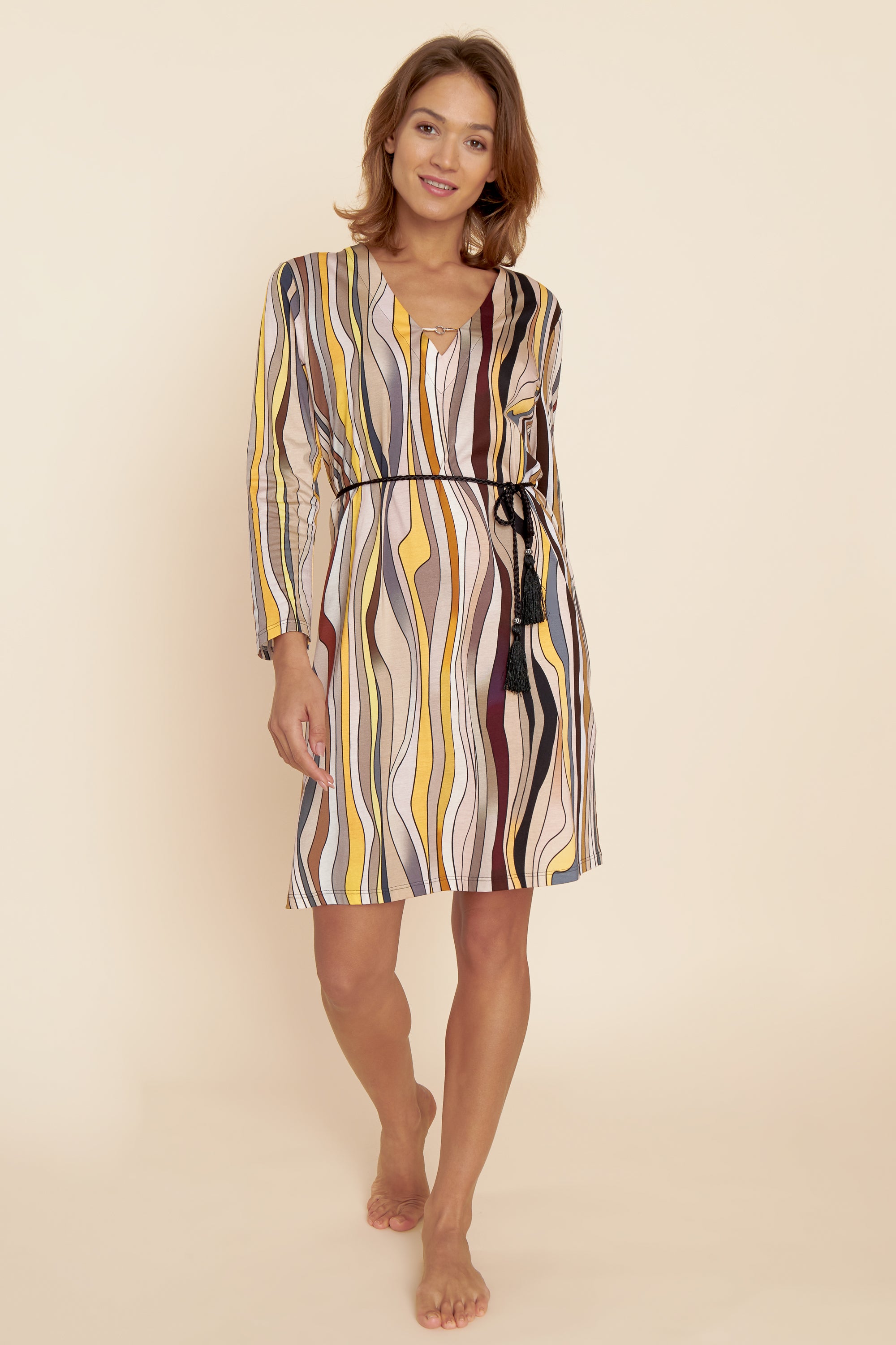 Feraud Night Dress, 1/1 Sleeve, V-Neck Colorful Stripe (3221131) Wild Waves