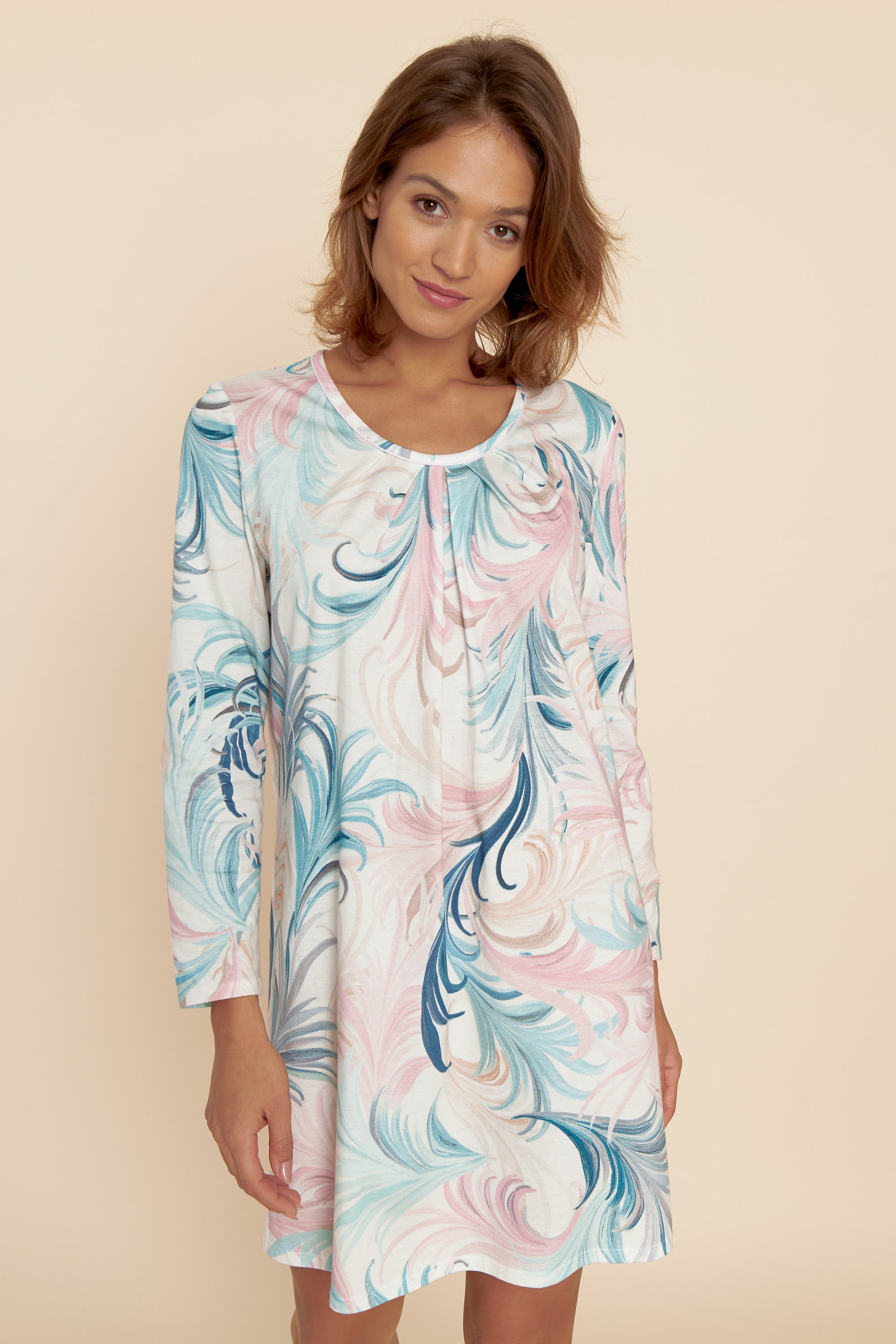 Feraud Night Dress, 1/1 Sleeve, Round Neck Print Feather (3221167) Feathers