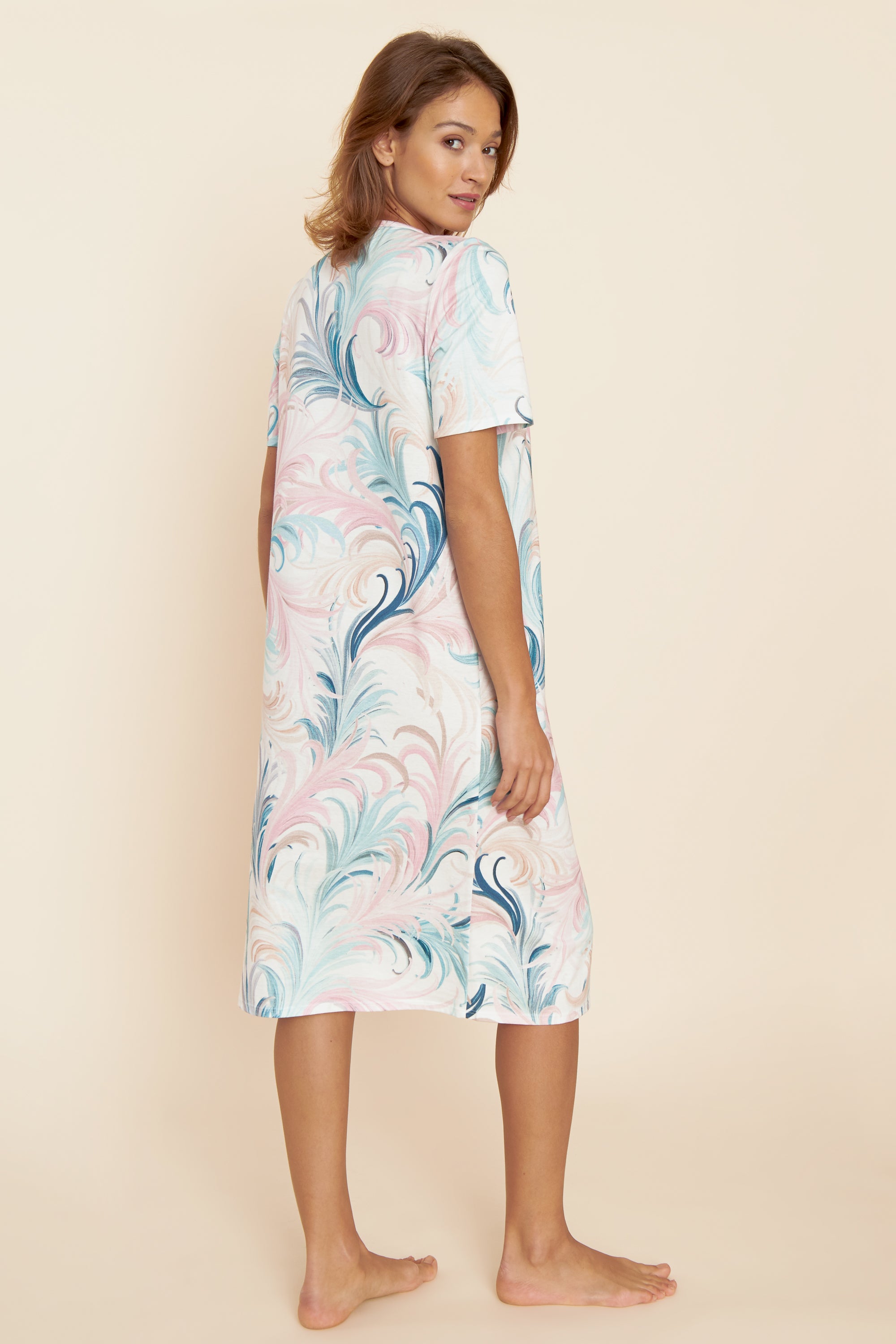 Feraud Night Dress, 1/2 Sleeve, Round Neck Print Feather (3221168) Feathers