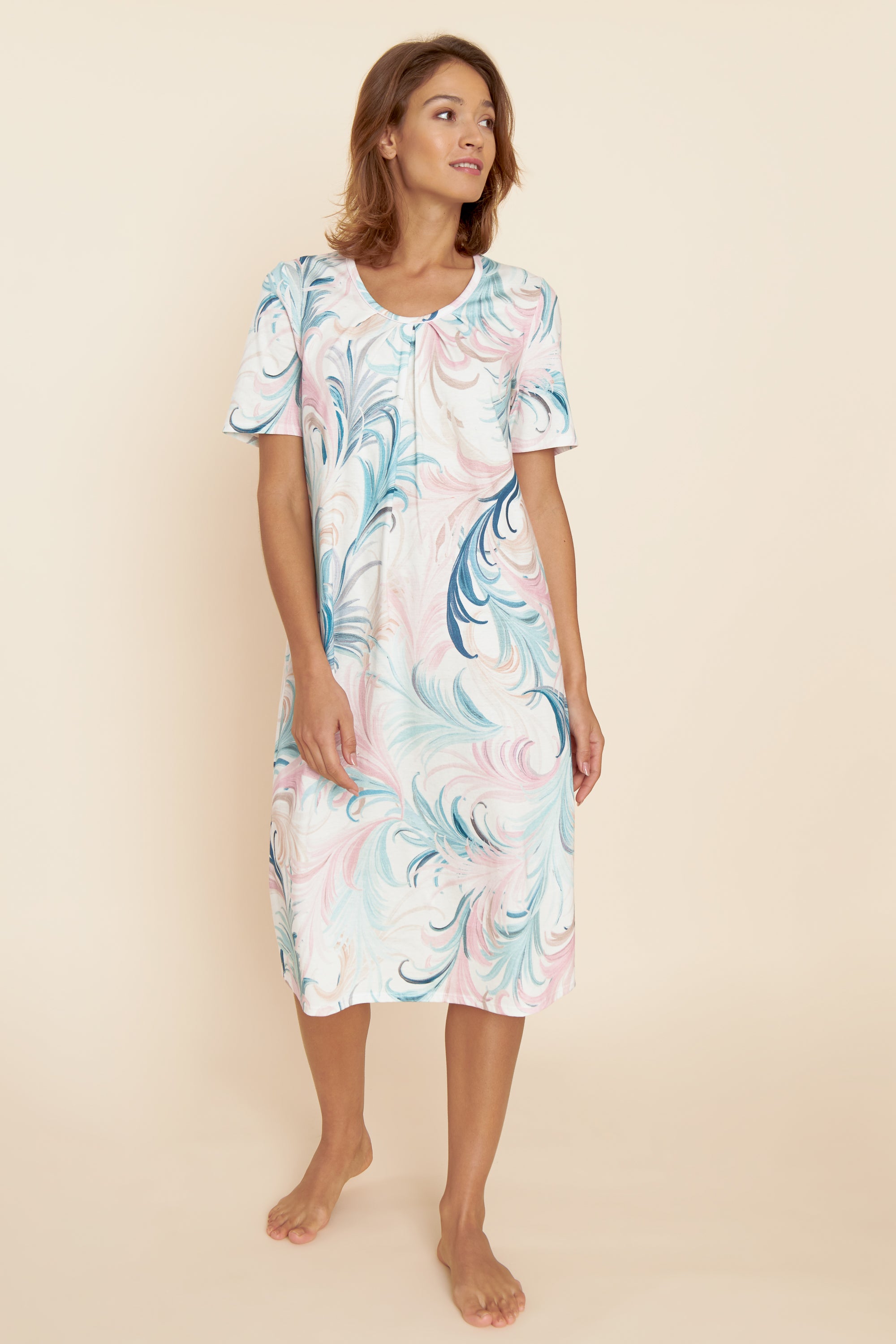 Feraud Night Dress, 1/2 Sleeve, Round Neck Print Feather (3221168) Feathers