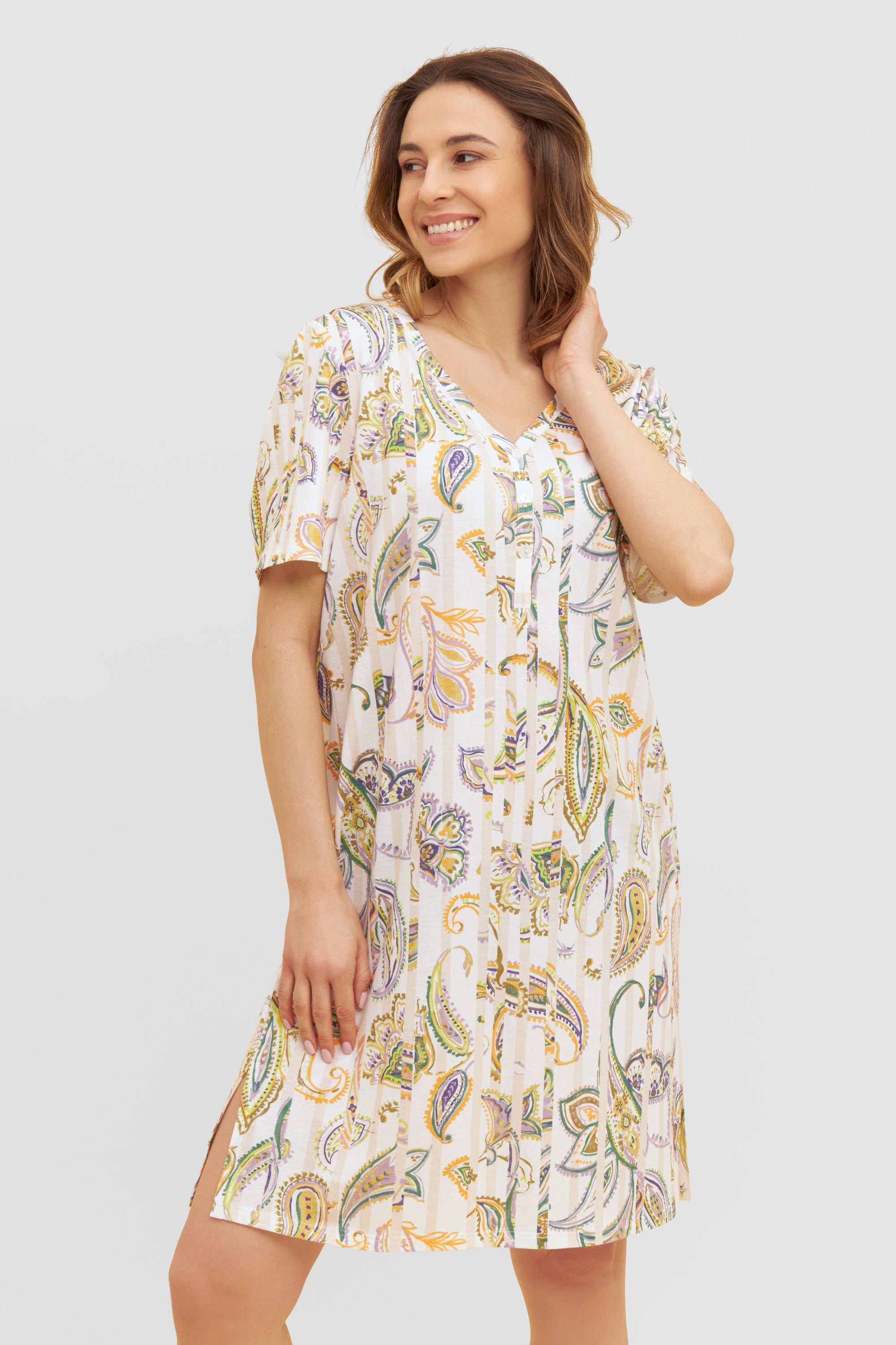 Feraud Night Dress, 1/2 Sleeve, V-Neck, Button Panel Pai (3231014) Paisley