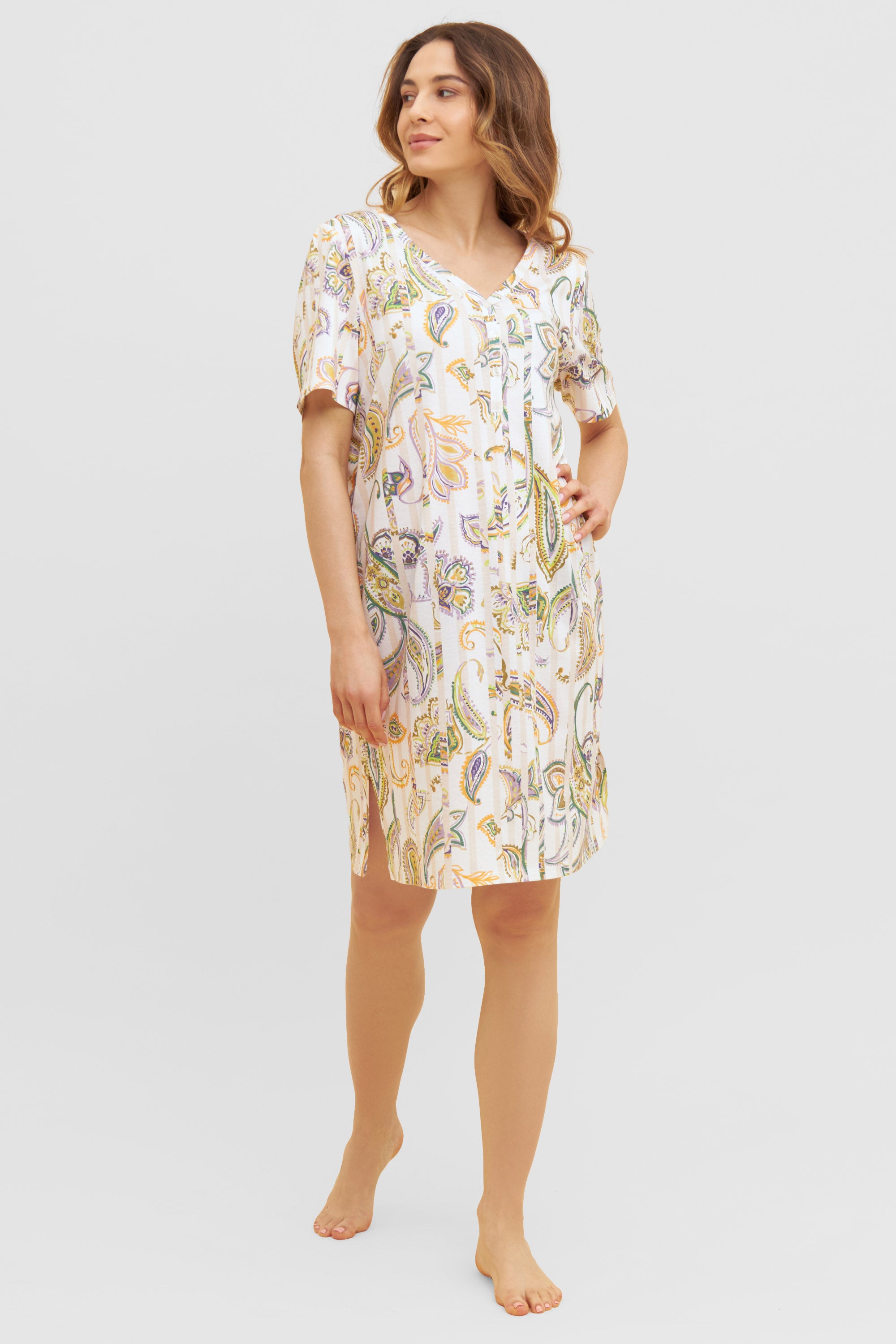 Feraud Night Dress, 1/2 Sleeve, V-Neck, Button Panel Pai (3231014) Paisley