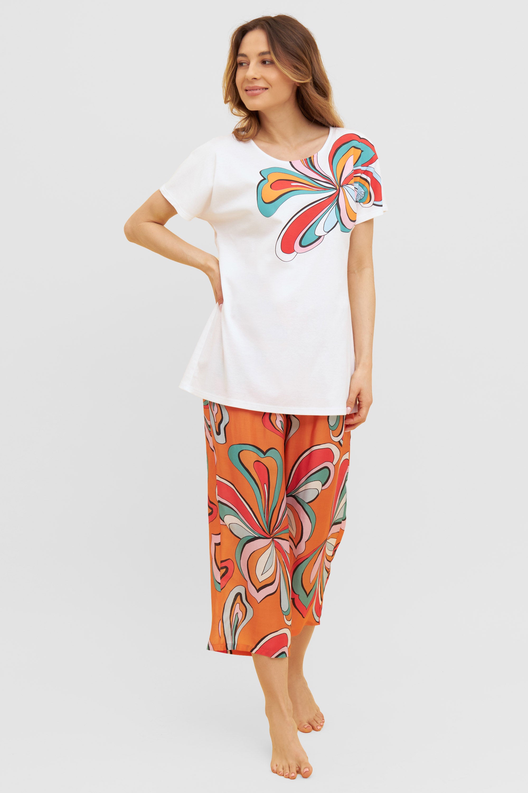 Feraud Pajama, 1/2 Sleeve, Pants 7/8, Round Neck Mo (3231132) White-Multicolor
