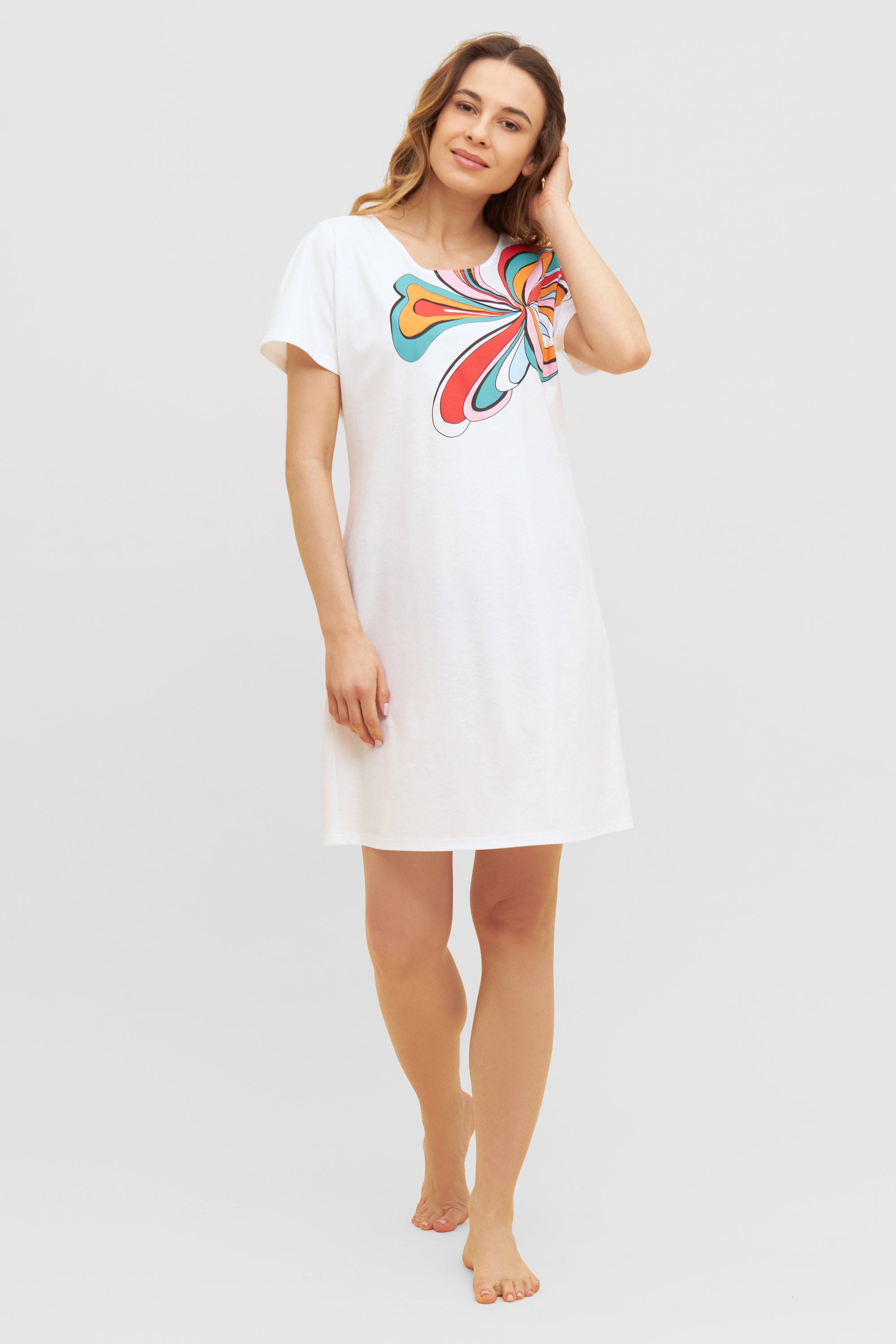 Feraud Night Dress, 1/2 Sleeve, Round Neck, Motiv Modern (3231133) White-Multicolor