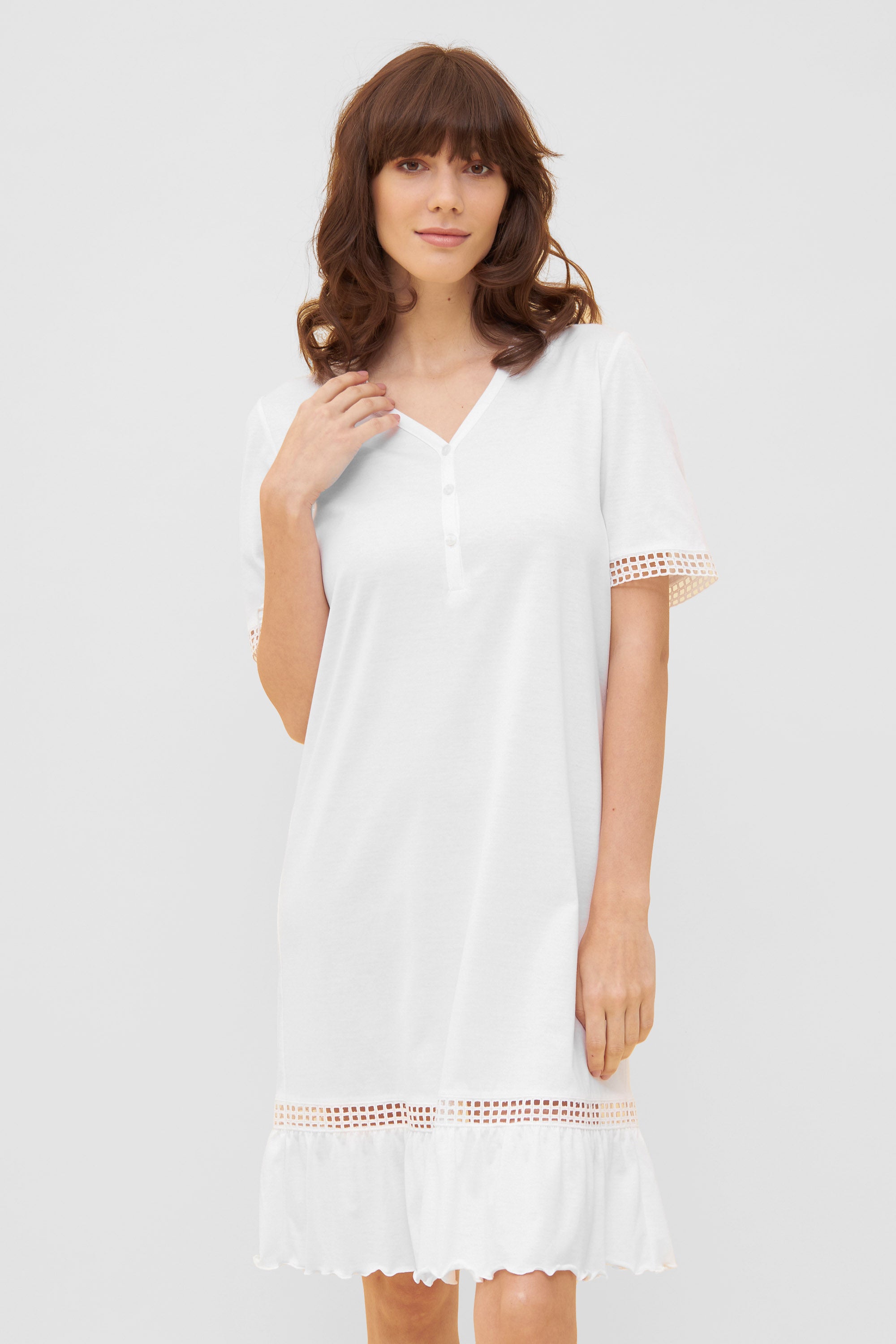 Feraud Night Dress, 1/2 Sleeve, V-Neck, Button Panel Gra (3231148) White