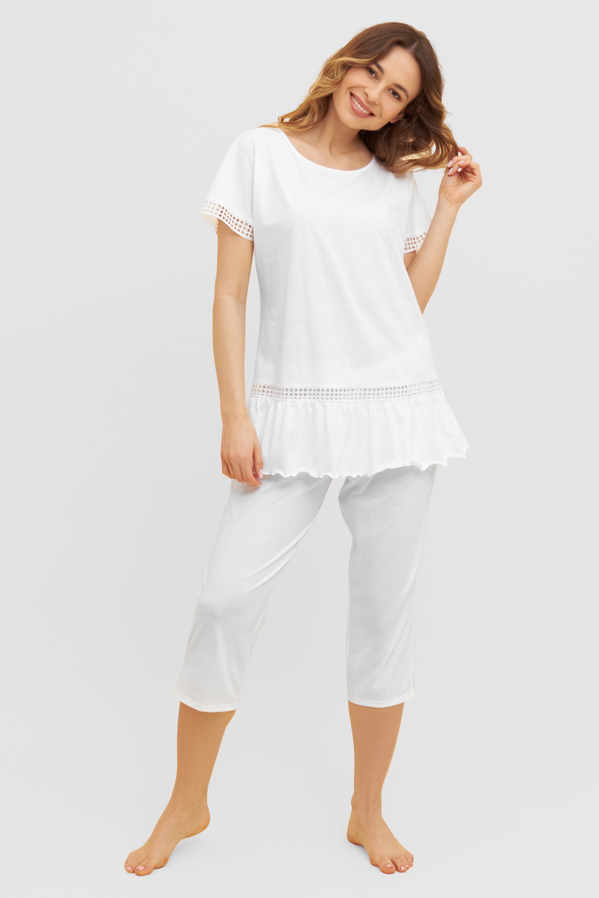 Feraud Pajama, Overcut, Pants 3/4, Round Neck Graph (3231149) White