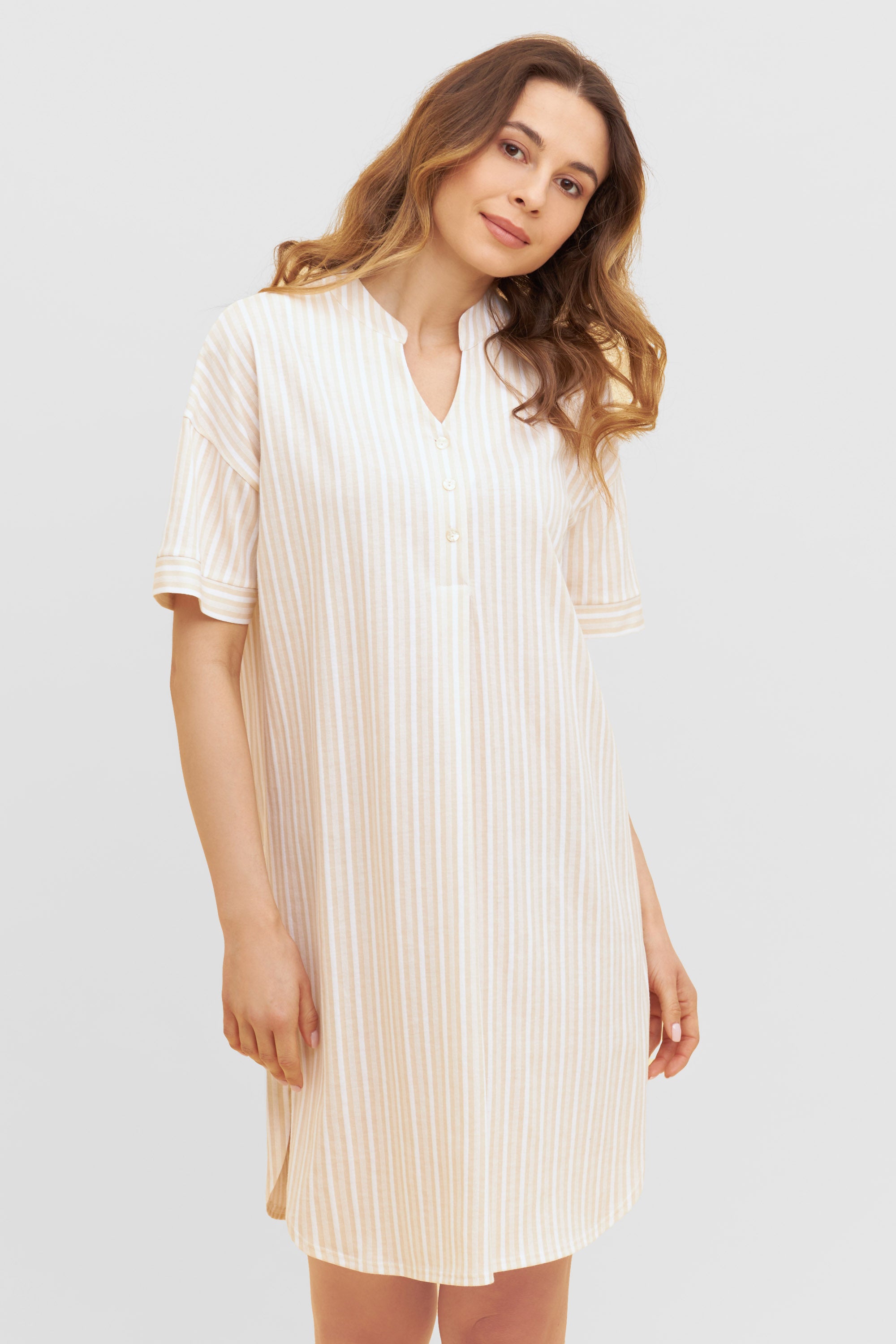 Feraud Night Dress, 1/2 Sleeve, Round Neck, Button Panel (3231162) Stripe