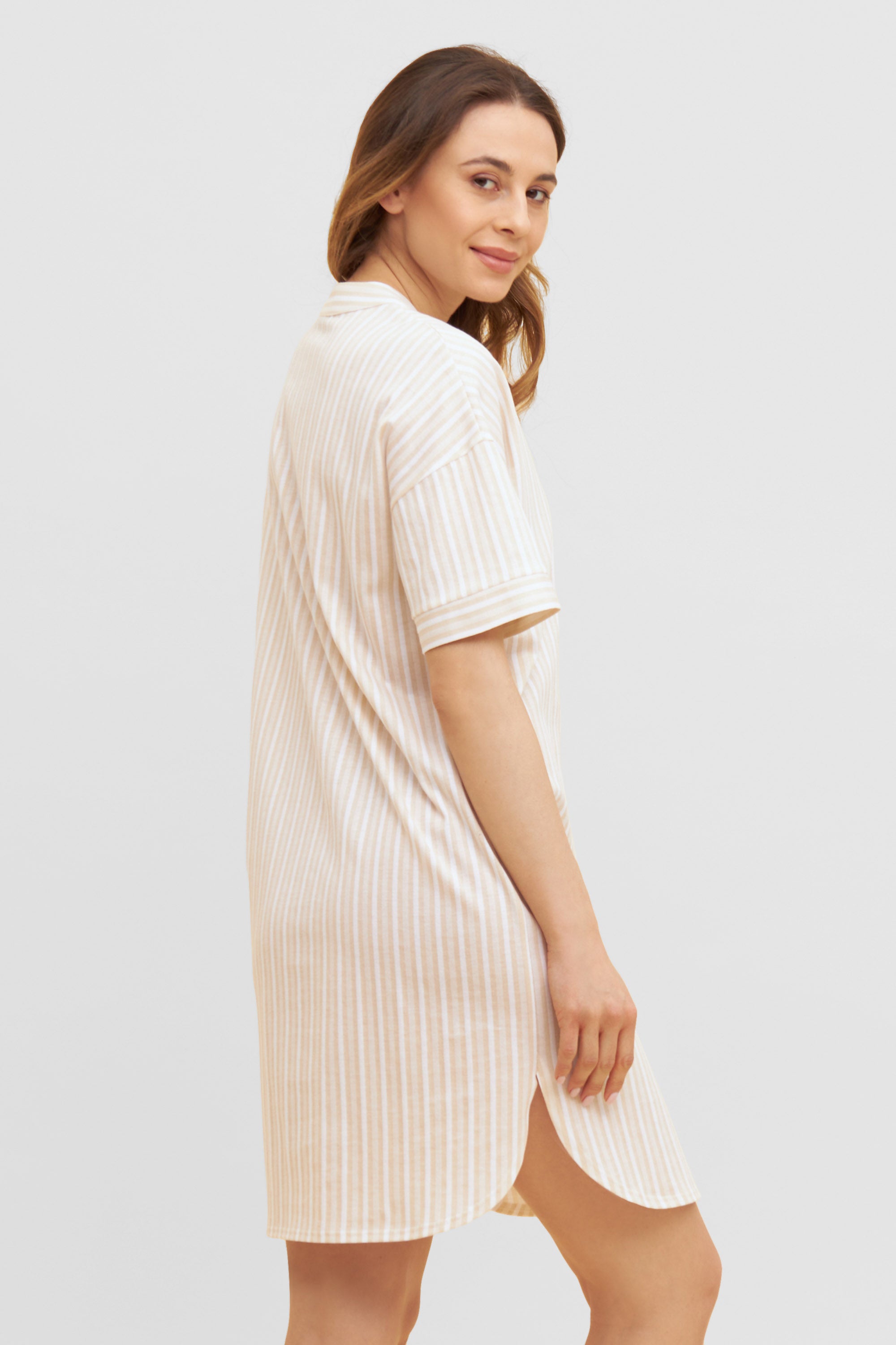 Feraud Night Dress, 1/2 Sleeve, Round Neck, Button Panel (3231162) Stripe