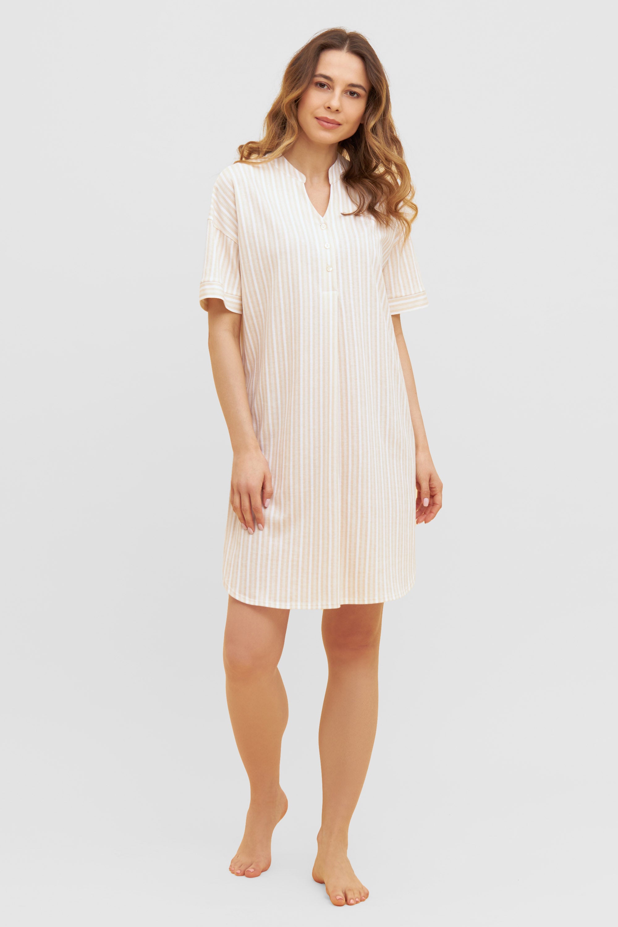 Feraud Night Dress, 1/2 Sleeve, Round Neck, Button Panel (3231162) Stripe