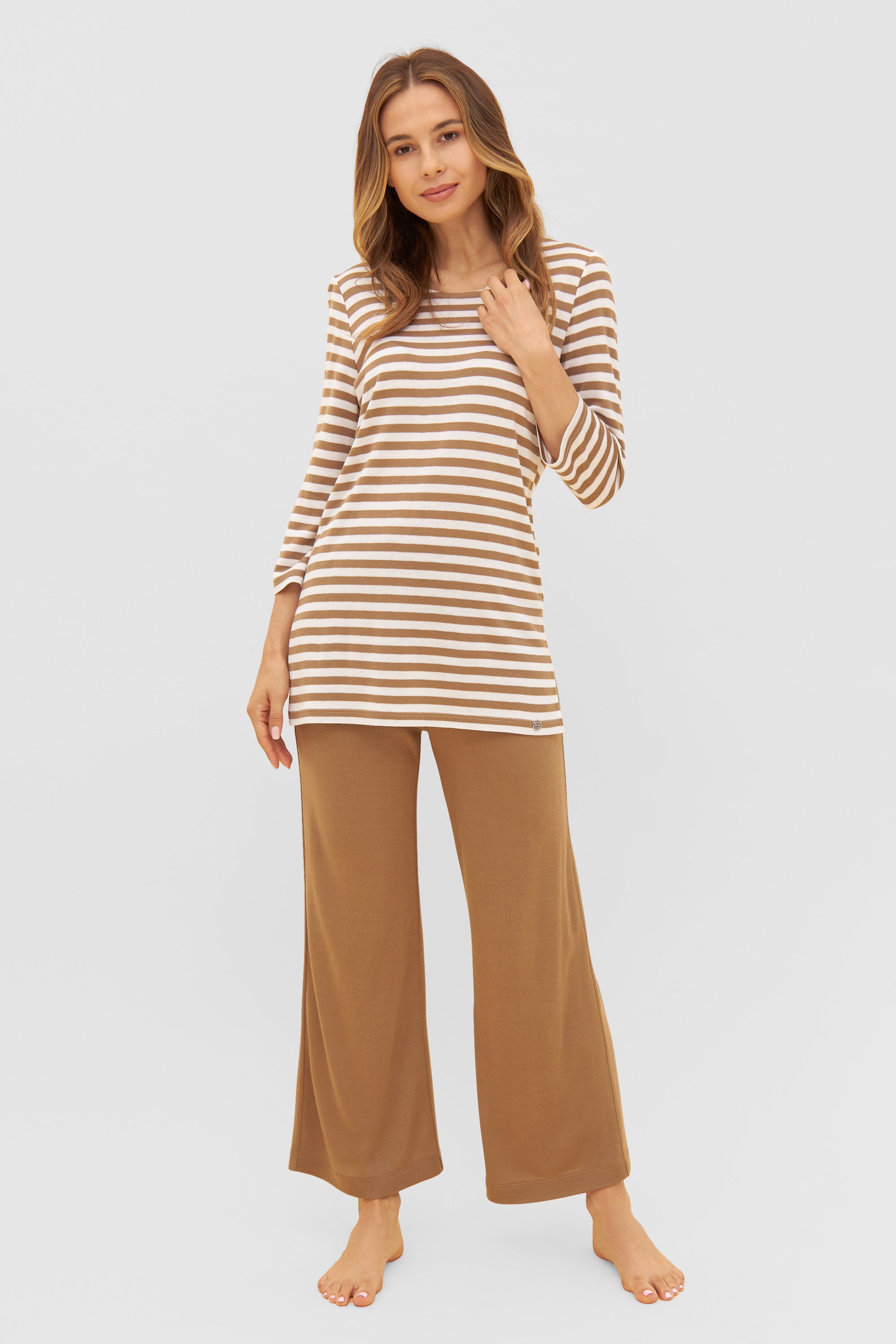 Feraud Shirt, 3/4 Sleeve, Round Neck Knit Ringl (3231176) White-Toffee