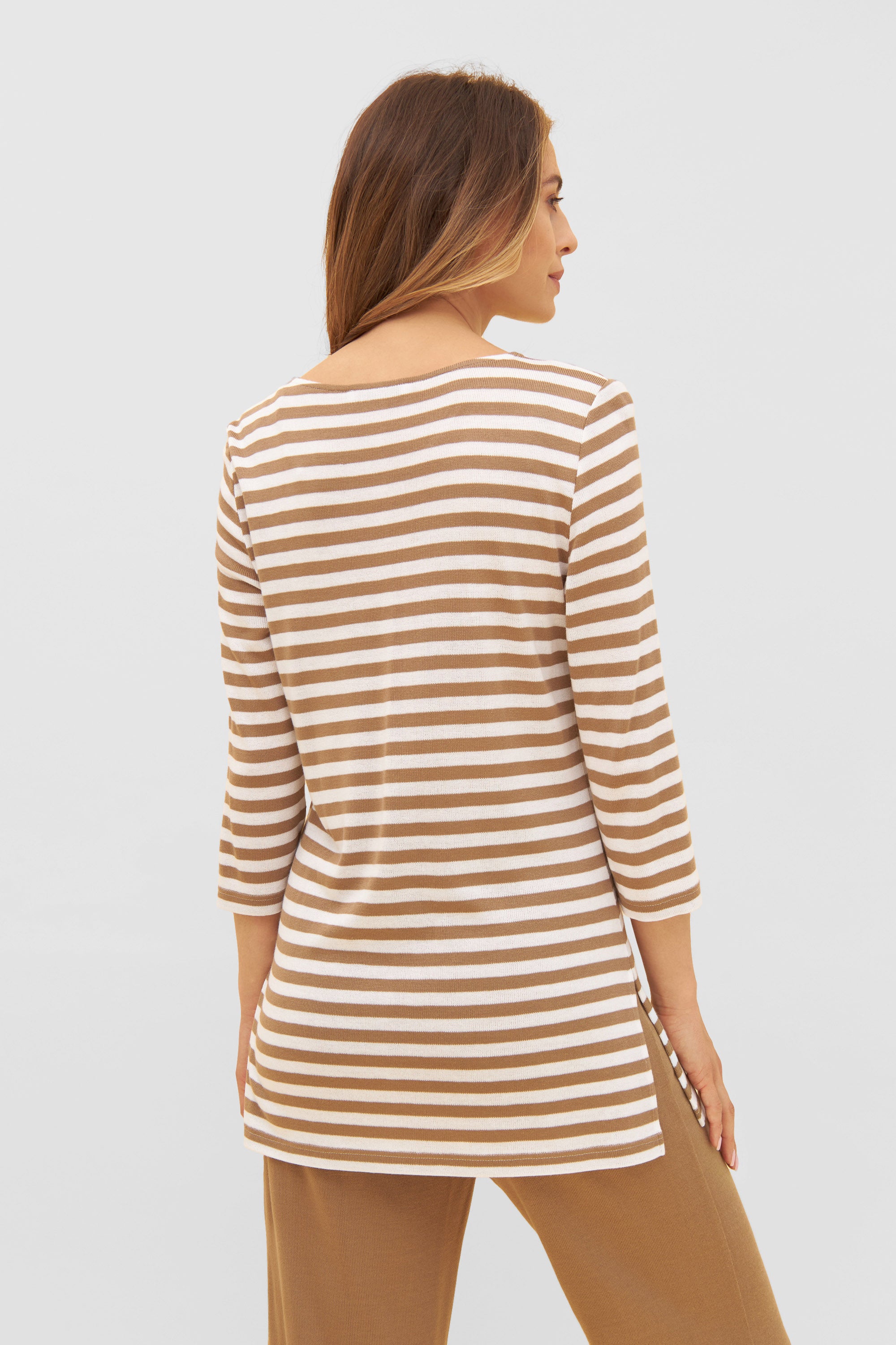 Feraud Shirt, 3/4 Sleeve, Round Neck Knit Ringl (3231176) White-Toffee