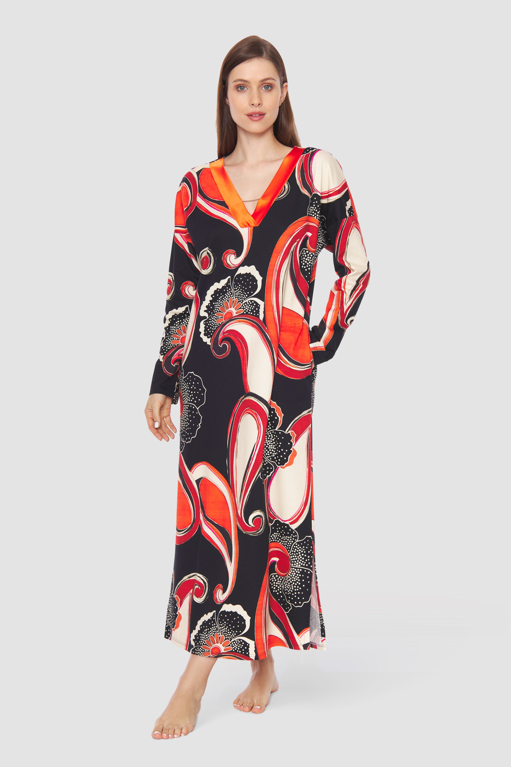 Feraud Night Dress, 1/1 Sleeve, V-Neck, Pockets Couture (3231260) Big Paisley