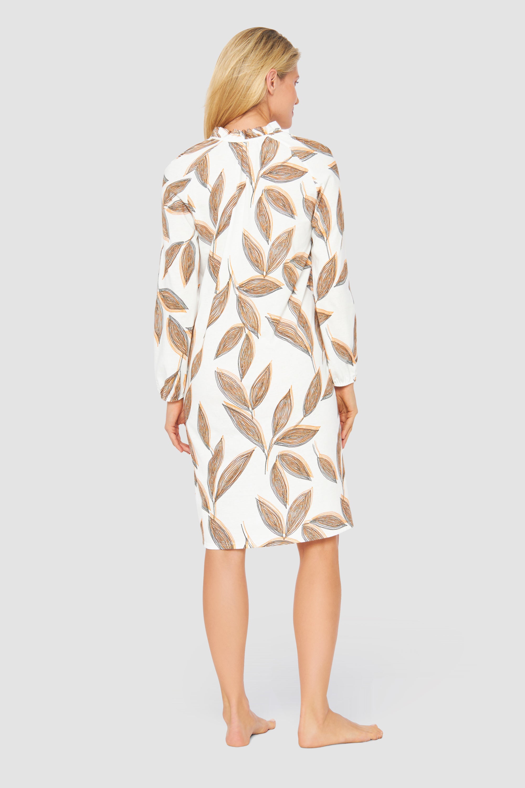 Feraud Night Dress, 1/1 Sleeve, Button Panel, Round Neck (3231271) Modern Leaves