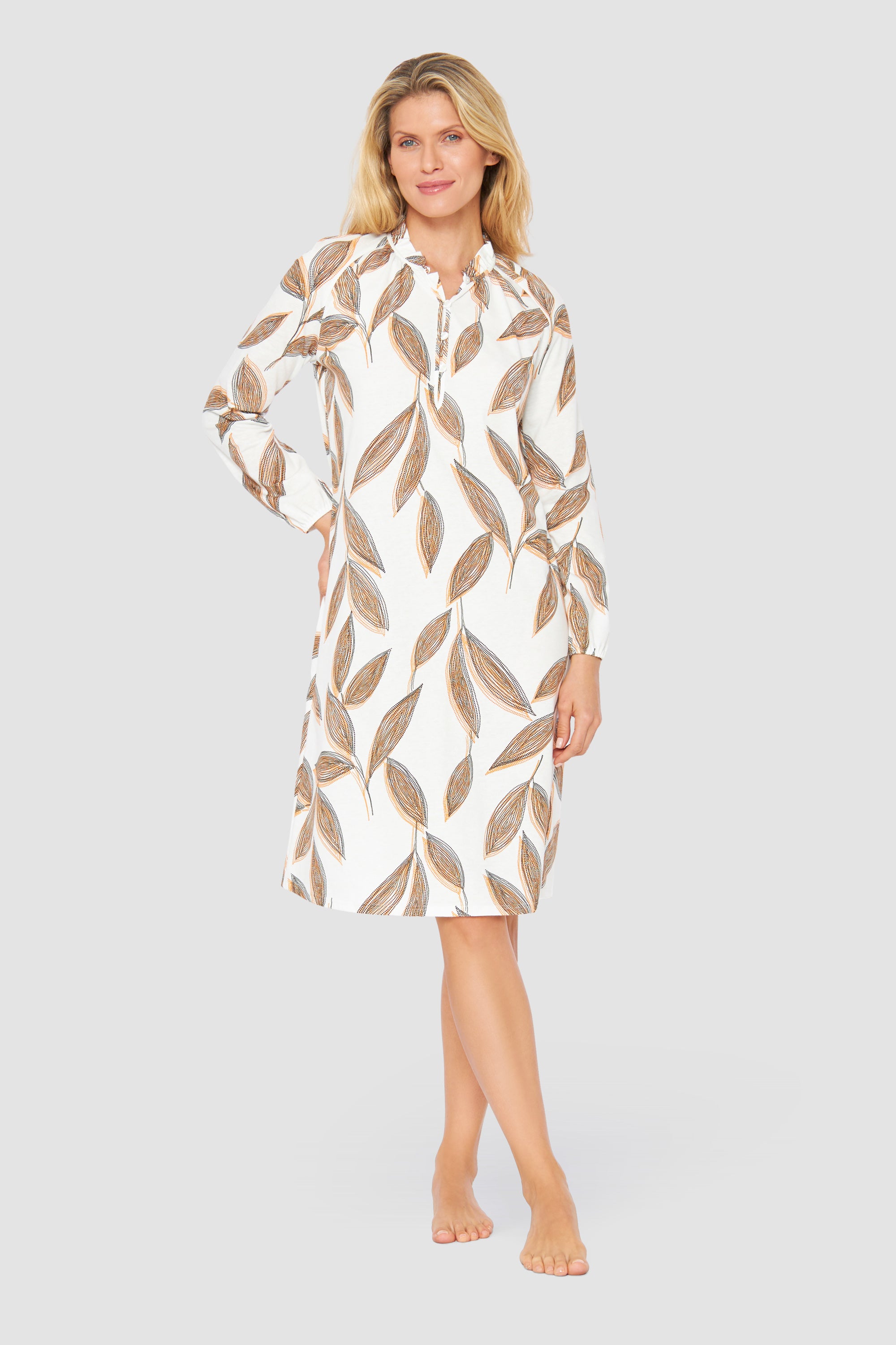 Feraud Night Dress, 1/1 Sleeve, Button Panel, Round Neck (3231271) Modern Leaves
