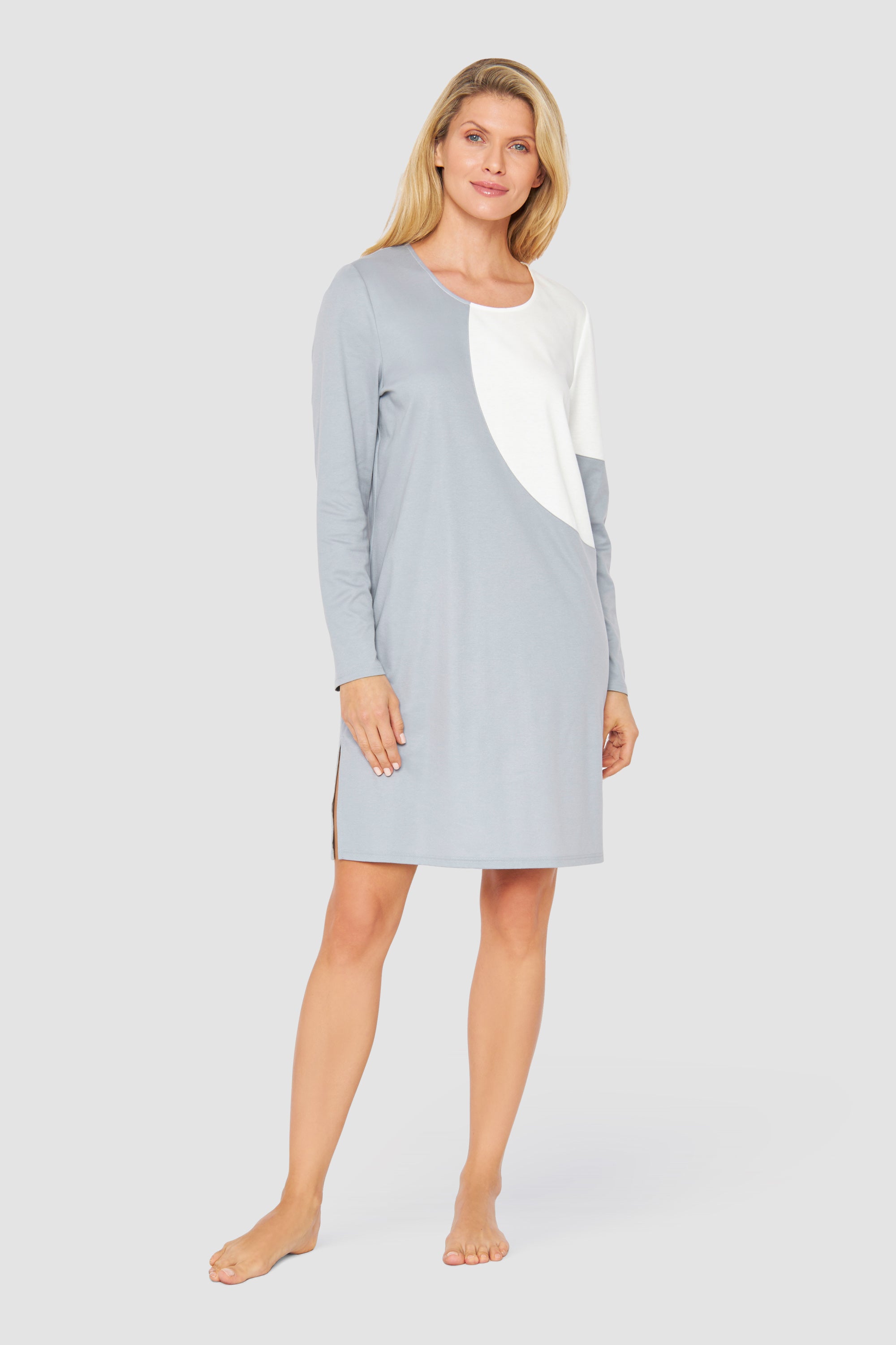 Feraud Night Dress, 1/1 Sleeve, Round Neck Big Dot (3231301) Grey