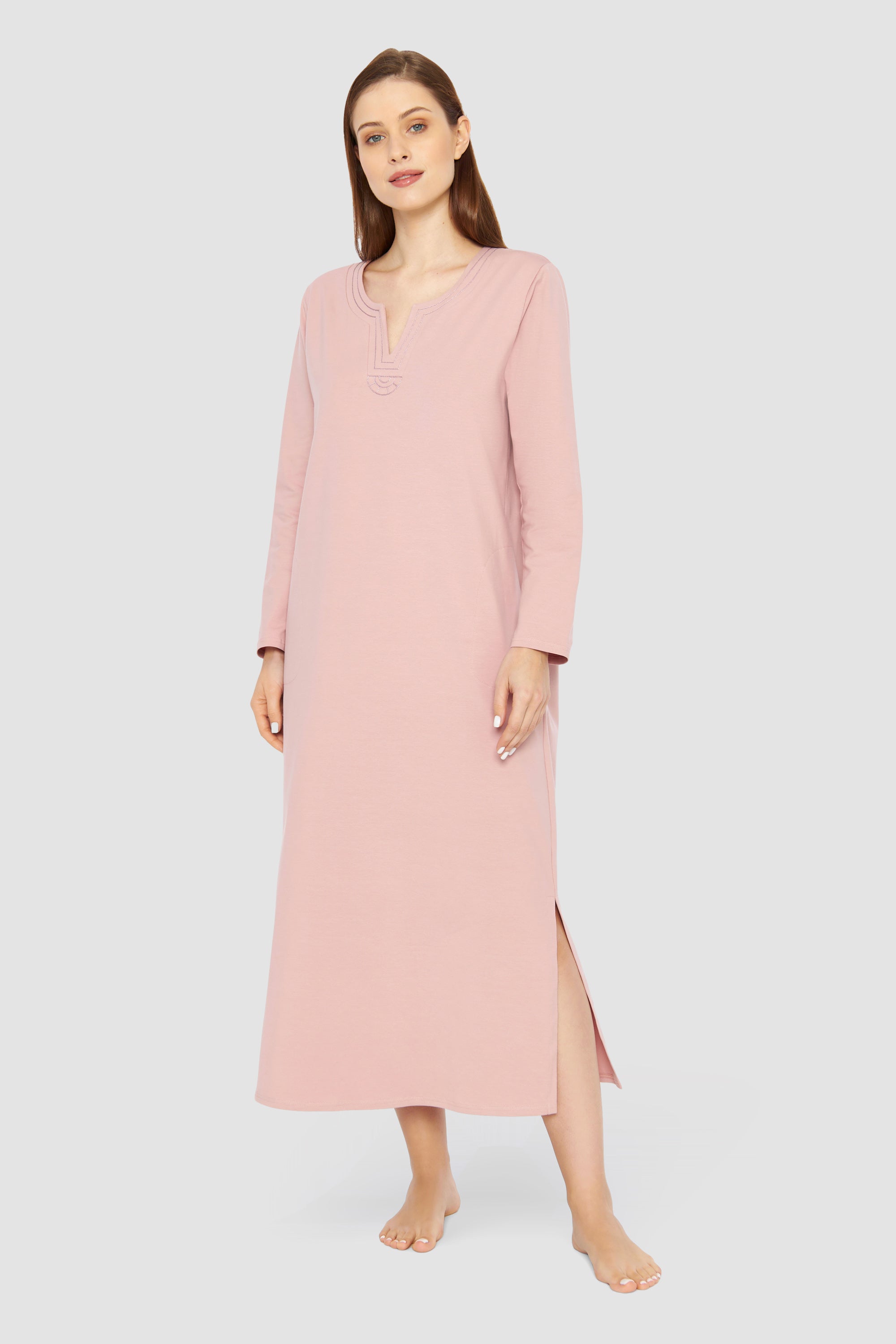 Feraud Night Dress, 1/1 Sleeve, Round Neck, Pockets Half (3231378) Dusty Rose