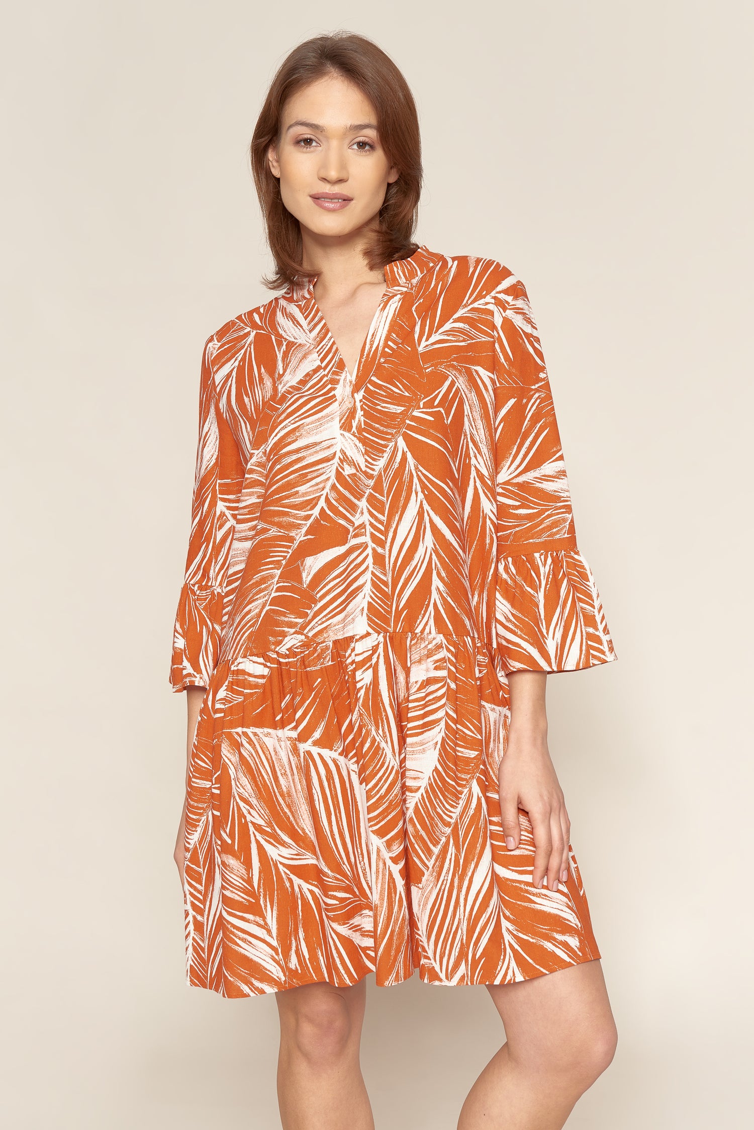 Rosch Beach Dress, 3/4 Sleeve Linen Beach (1225601) Modern Leaves