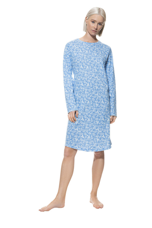 Flower Meadow Long-Sleeve Sleep Shirt - Blue Silk