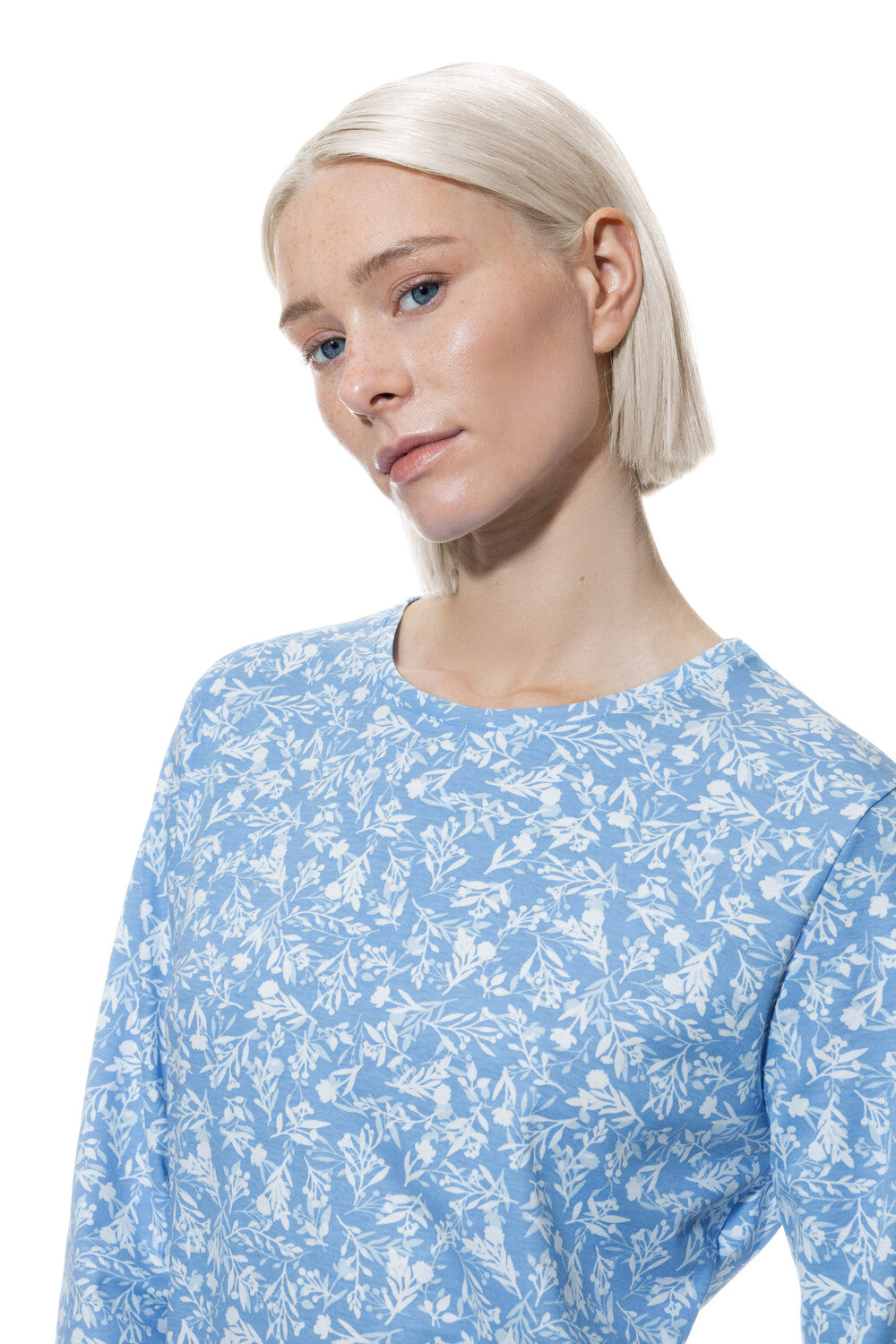 Flower Meadow Long-Sleeve Sleep Shirt - Blue Silk