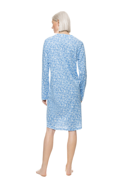 Flower Meadow Long-Sleeve Sleep Shirt - Blue Silk
