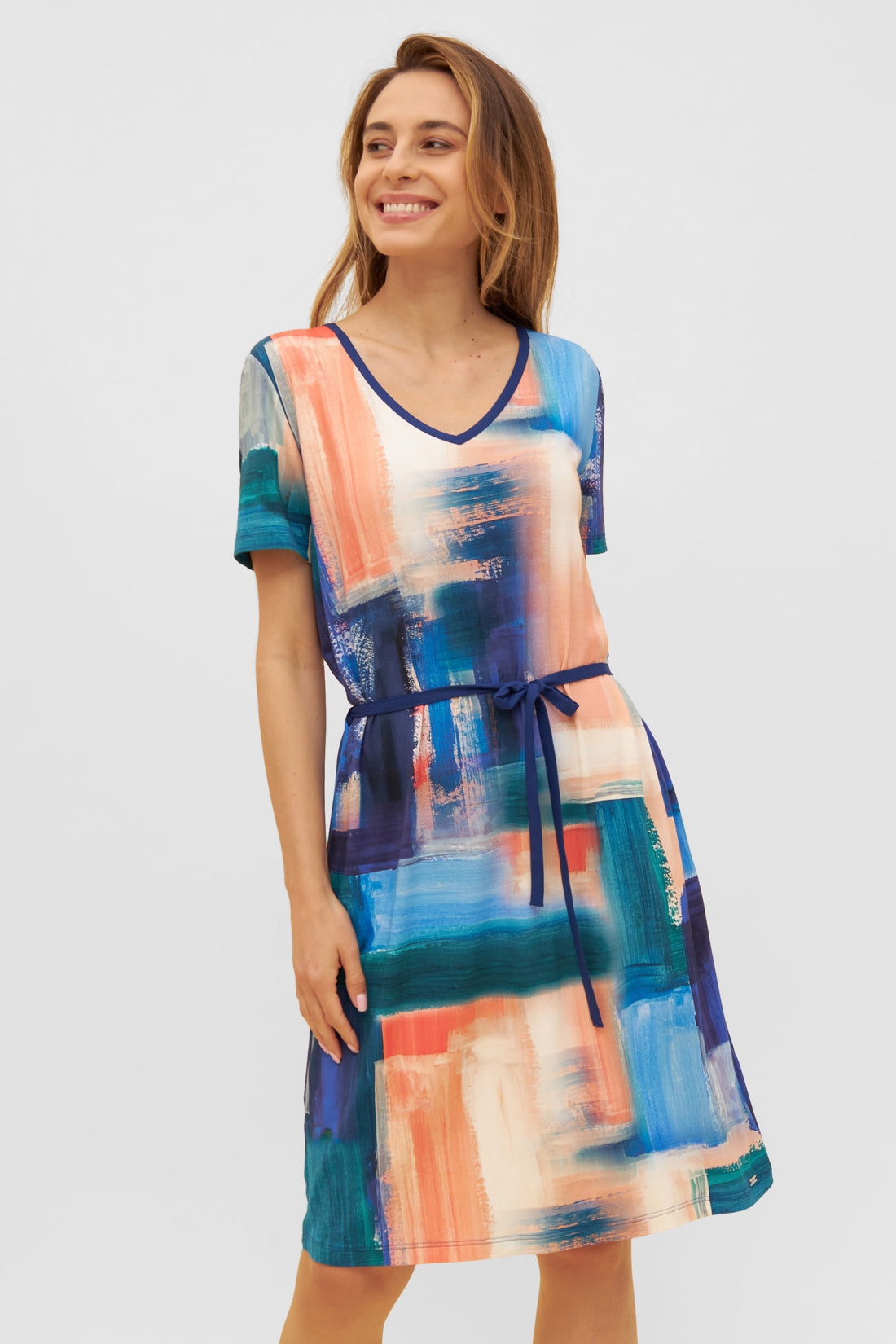 Rosch Beach Dress, 1/2 Sleeve, Pockets, V-Neck Royal P (1235603) Blue Watercolor