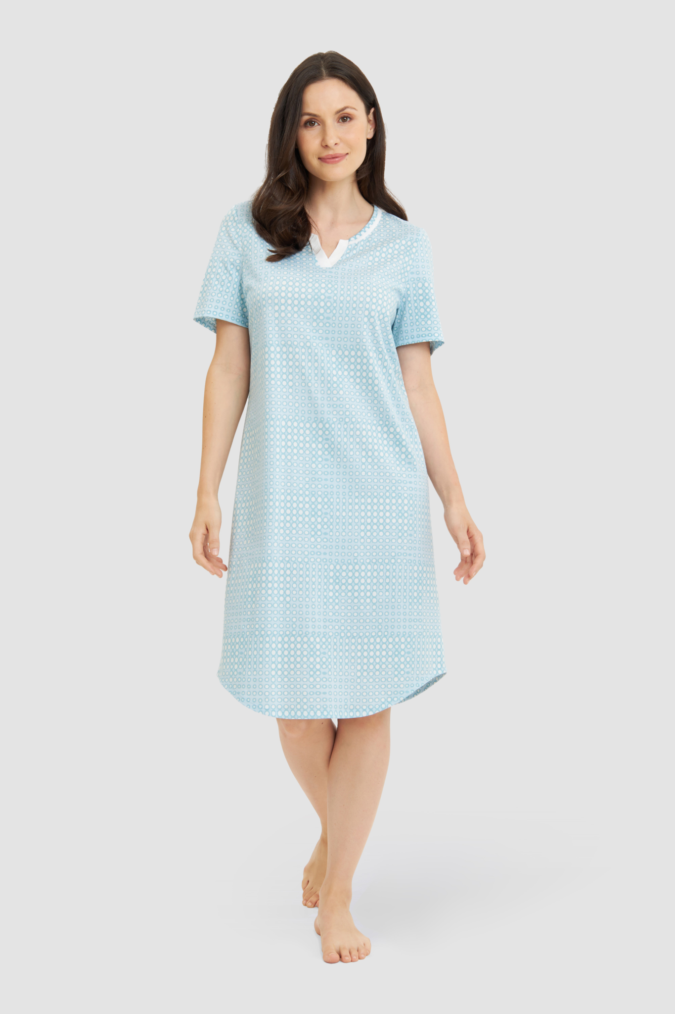 Rösch Nightgown on model in Cool Mint Dots