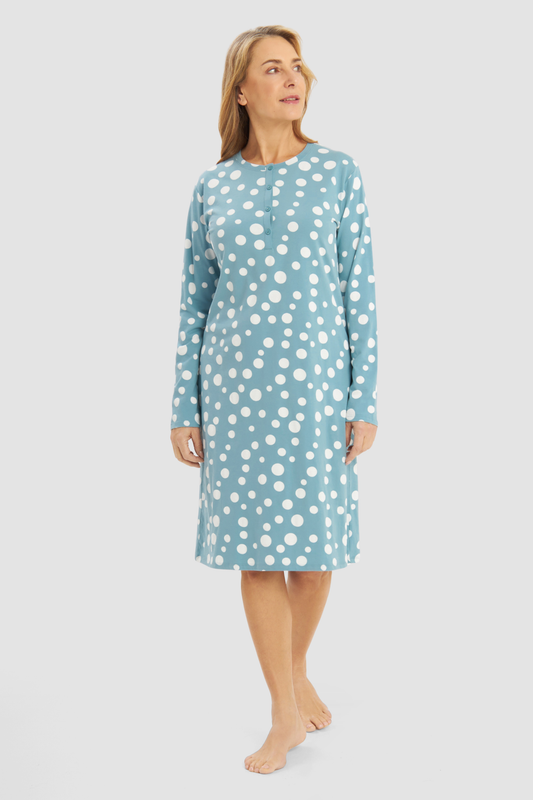 Rösch Nightgown on model in Cool Mint Dots