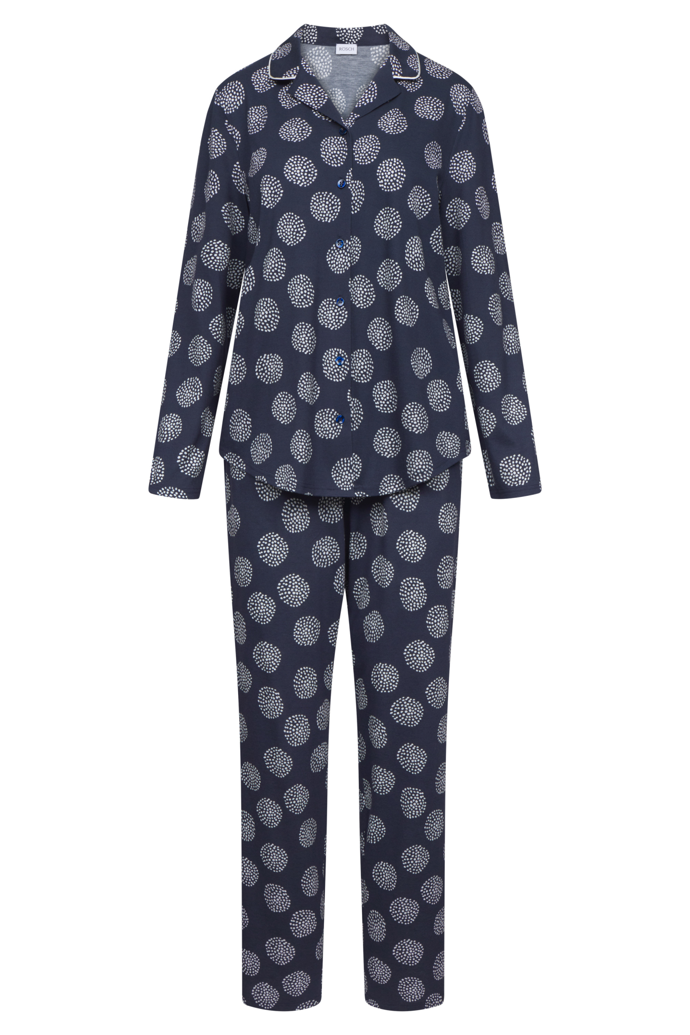 Rösch Pyjamas front view in Navy Dots