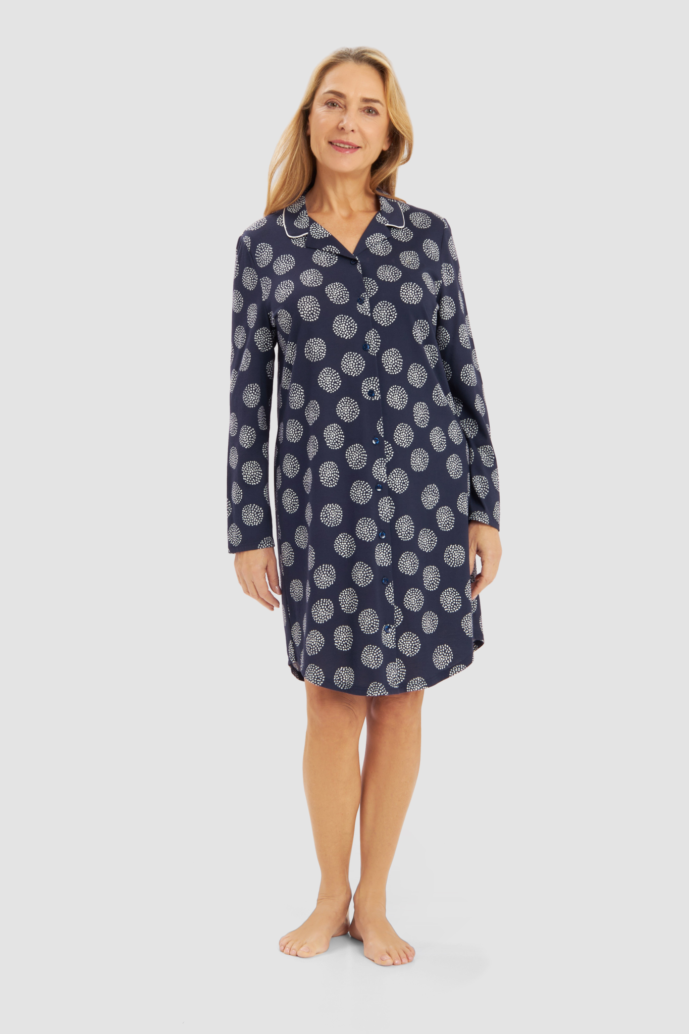Rösch Nightgown on model in Navy Dots