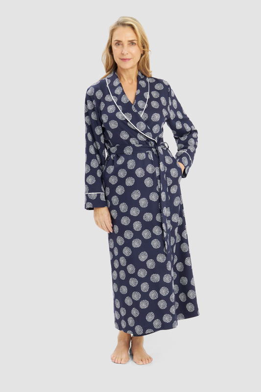 Rösch Robe on model in Navy Dots
