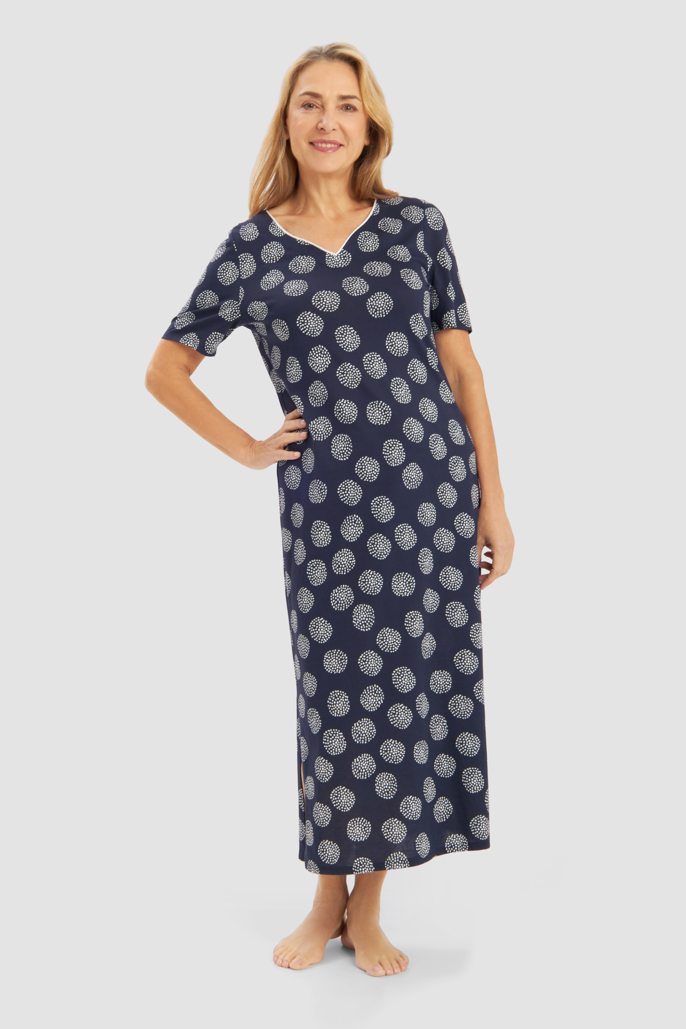 Rösch Nightgown on model in Navy Dots